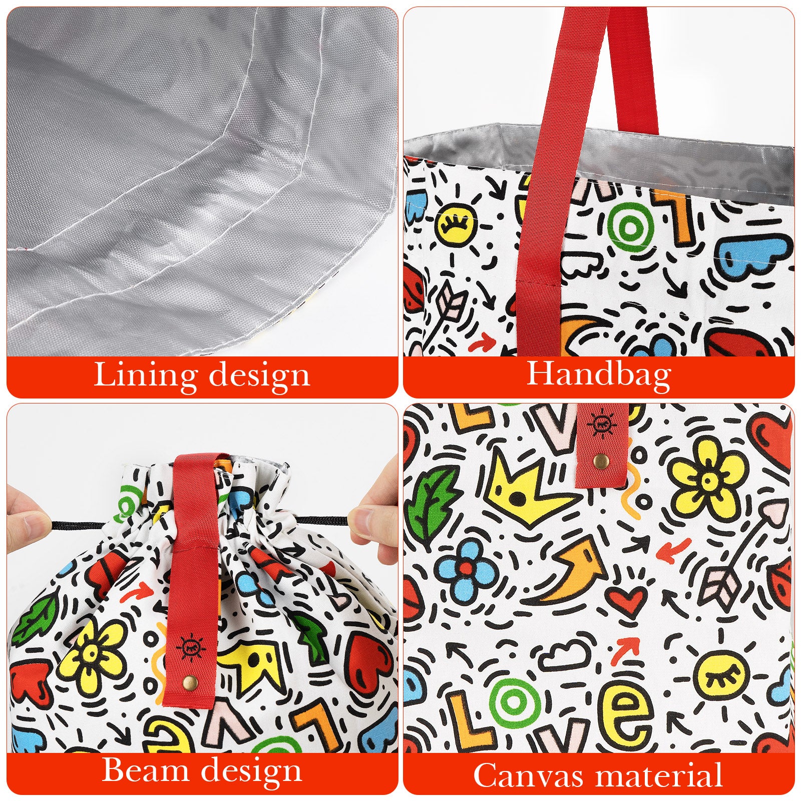 Linkidea Cute Lunch Bag, Drawstring Lunch Bag with Handle, Women Lunch Bags for Work Picnics Ourdoor Travel, Compatible with Bentogo, LunchBots, EasyLunchboxes (White)
