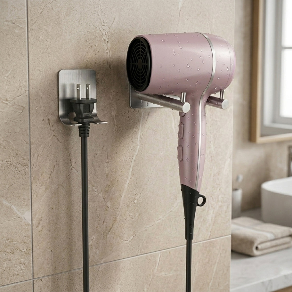 Linkidea Stainless Steel Hair Dryer Holder Wall Mount, No Drill Blow Dryer Organizer with Separate Cord Hook, Space Saving Bathroom Hair Tool Storage Rack for Vanity and Salon (Silver)