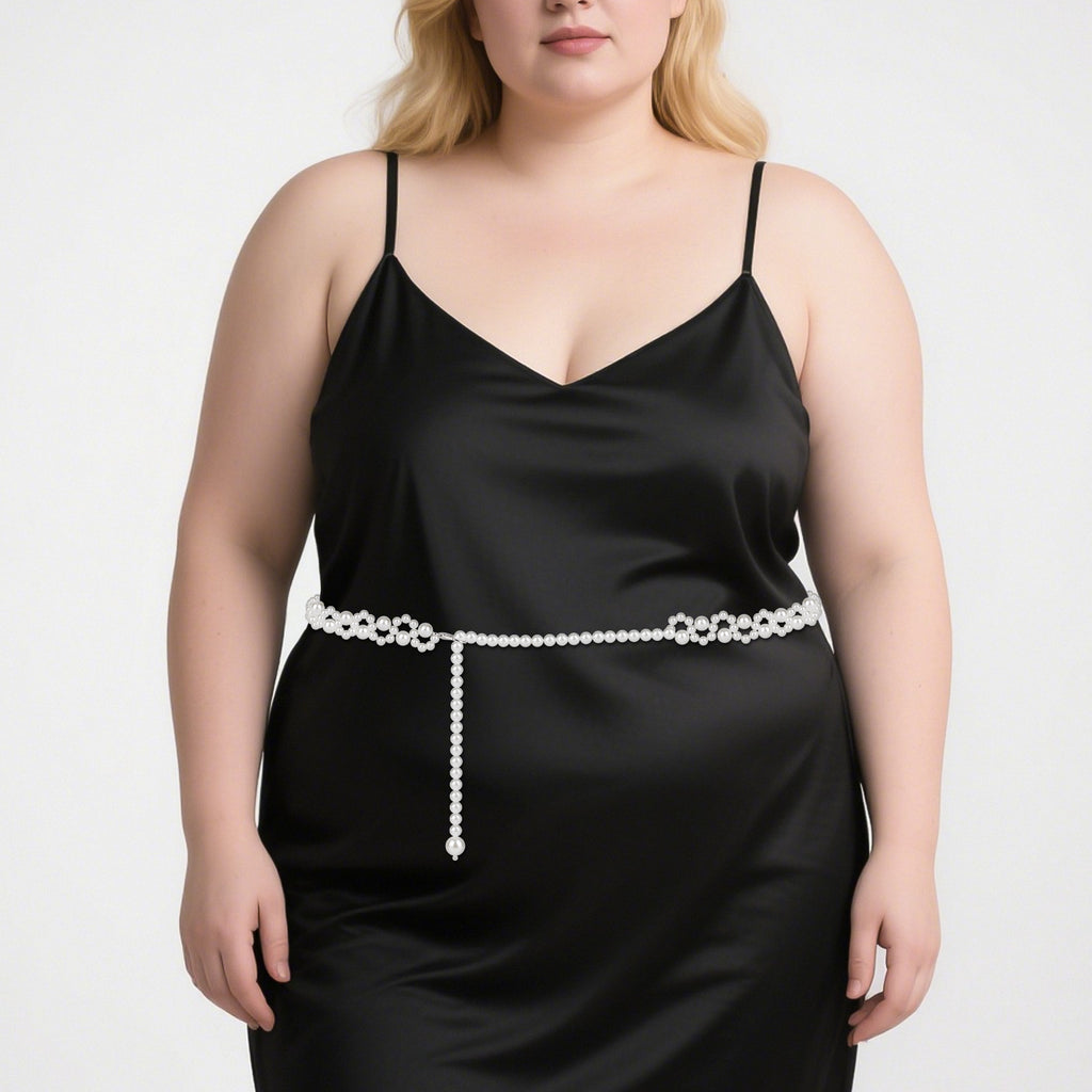 Plus Size Chain Belt for Women, White Pearl Stretchable Extra Long Body Chain, 59 Inch Max Flexible Adjustment Fashion Jewelry Accessory