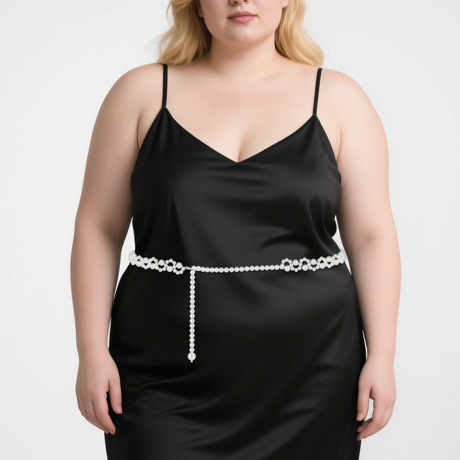 Plus Size Chain Belt for Women, White Pearl Stretchable Extra Long Body Chain, 59 Inch Max Flexible Adjustment Fashion Jewelry Accessory