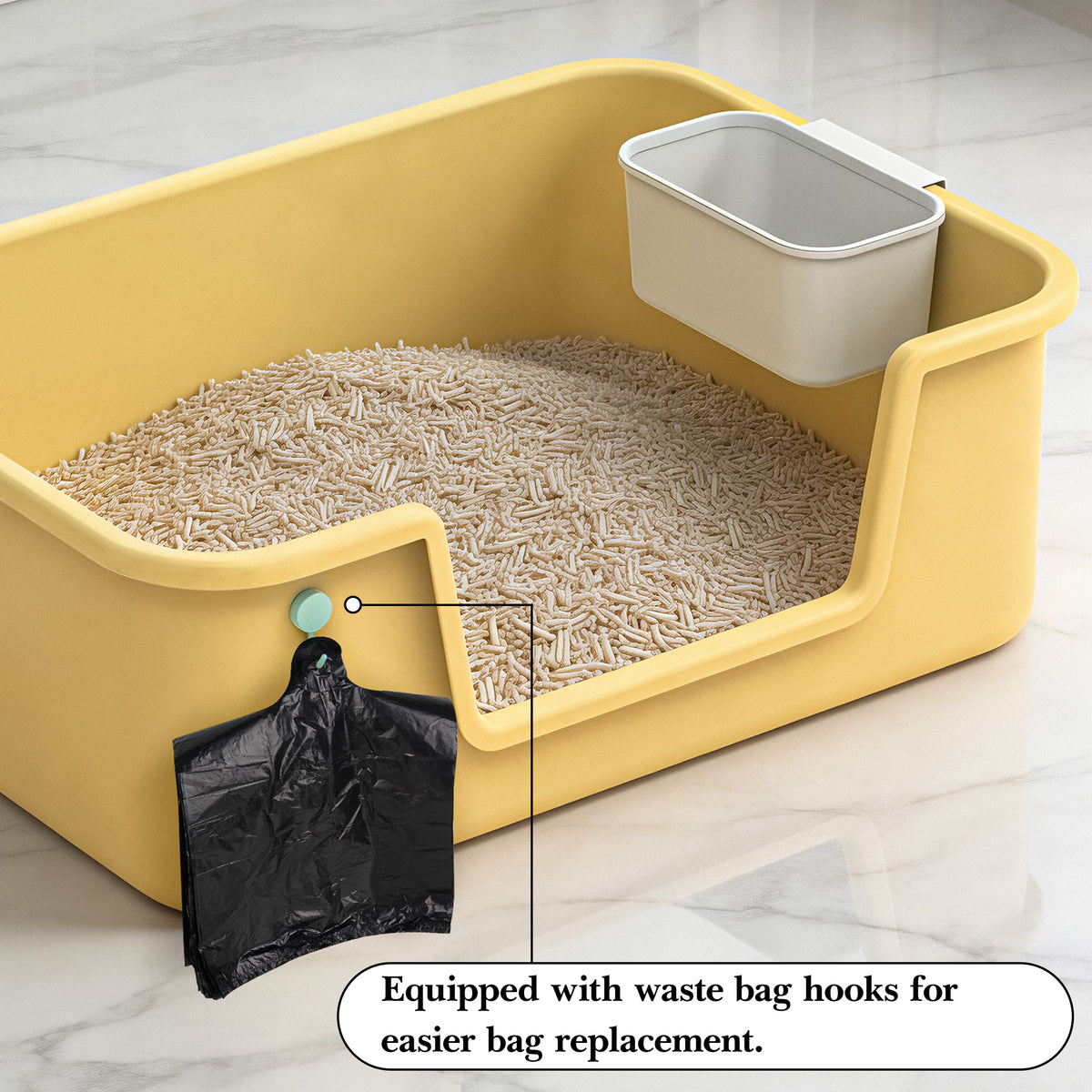 Cat Litter Waste Bin Kit with 100 Liners & Storage Hook, Hanging Disposal Container for Litter Box Sidewall, Space-Saving Scoop Station for Daily Cleanup