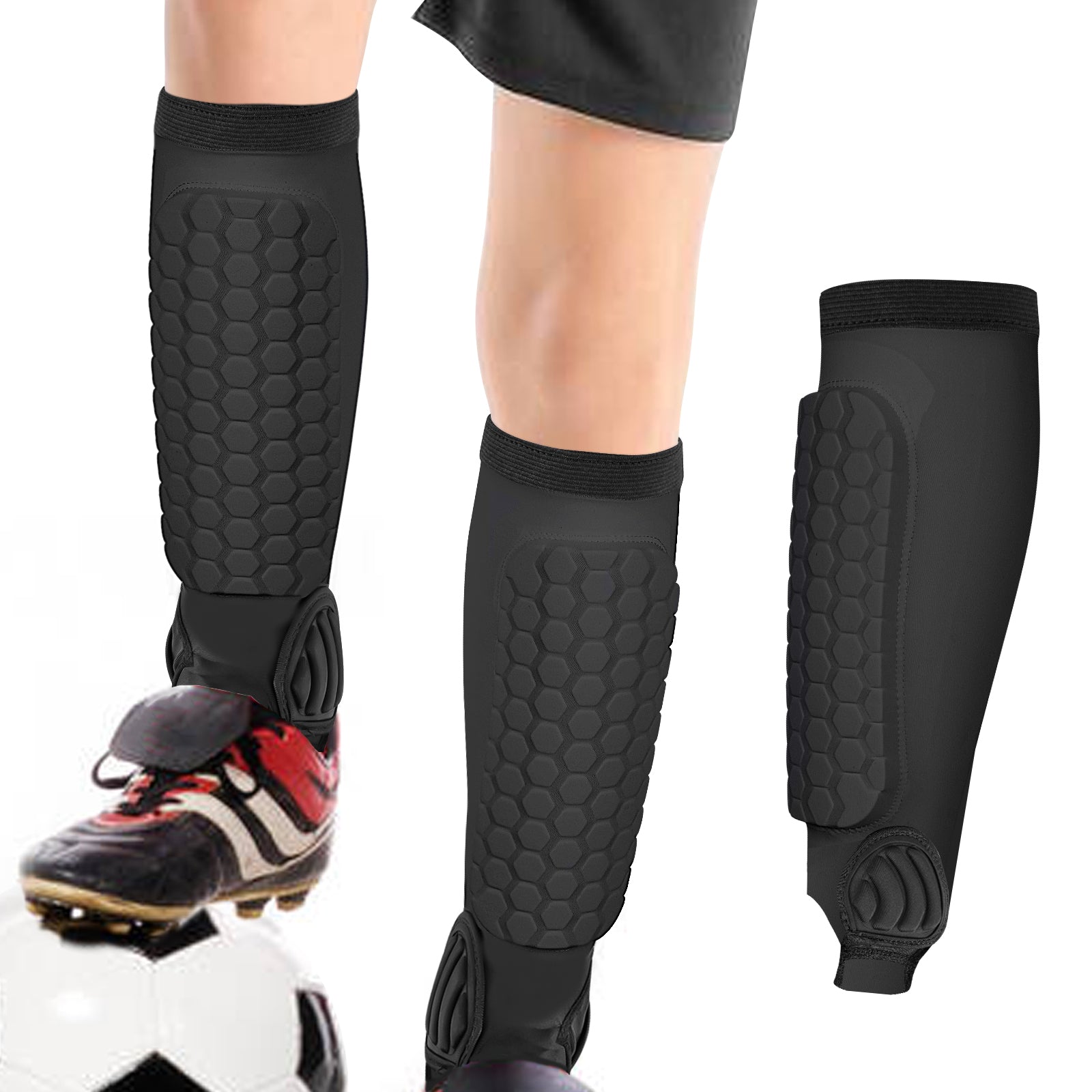 Linkidea Soccer Shin Guard with Ankle Pad, Calf Compression Sleeve with Honeycomb Pads for Kids Youth, All-Round Protection Sports Accessories Fits Game & Training (Size S)