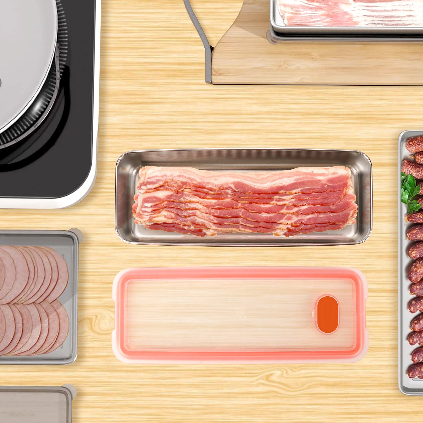 Linkidea 304 Stainless Steel Refrigerator Organizers and Storage, Bacon Fridge Organizer, Deli Meats Kitchen Storage with Lid
