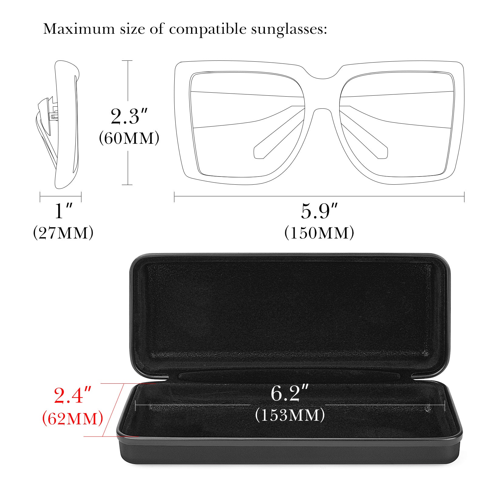 Extra Large Hard Shell Sunglasses Case, Oversized Sun Glasses Storage Organizer Compatible with TOM FORD FT0937 FT1044 Gucci GG0595S GG0875S GG0351S Rayban RB3717 (XXL / Black)