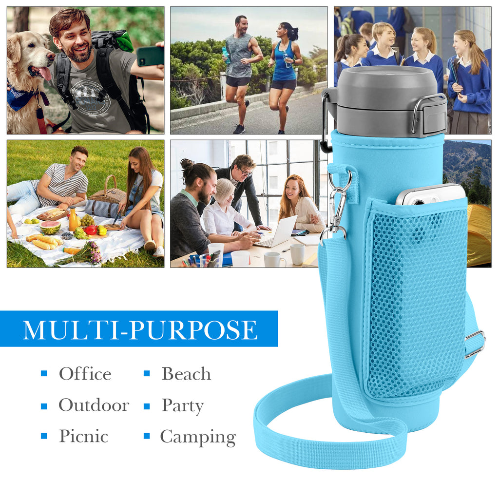 Linkidea Water Bottle Carrier with Strap Compatible with Stanley Quick Flip GO 24/36oz, IceFlow Fast Flow 24/36oz, Waterbottle Sling Bag Holder, Shoulder Strap with Phone Mesh Pocket, Blue