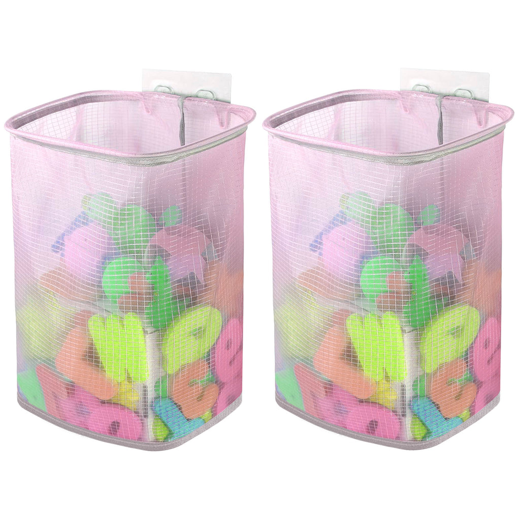 Linkidea 2 Pack Mesh Hanging Bath Toy Storage Organizer, Bathtub Basket with Adhesive Hooks, Wall Mount Shower Caddy Holder for Kids Bathroom Toys, Toiletries, Pink