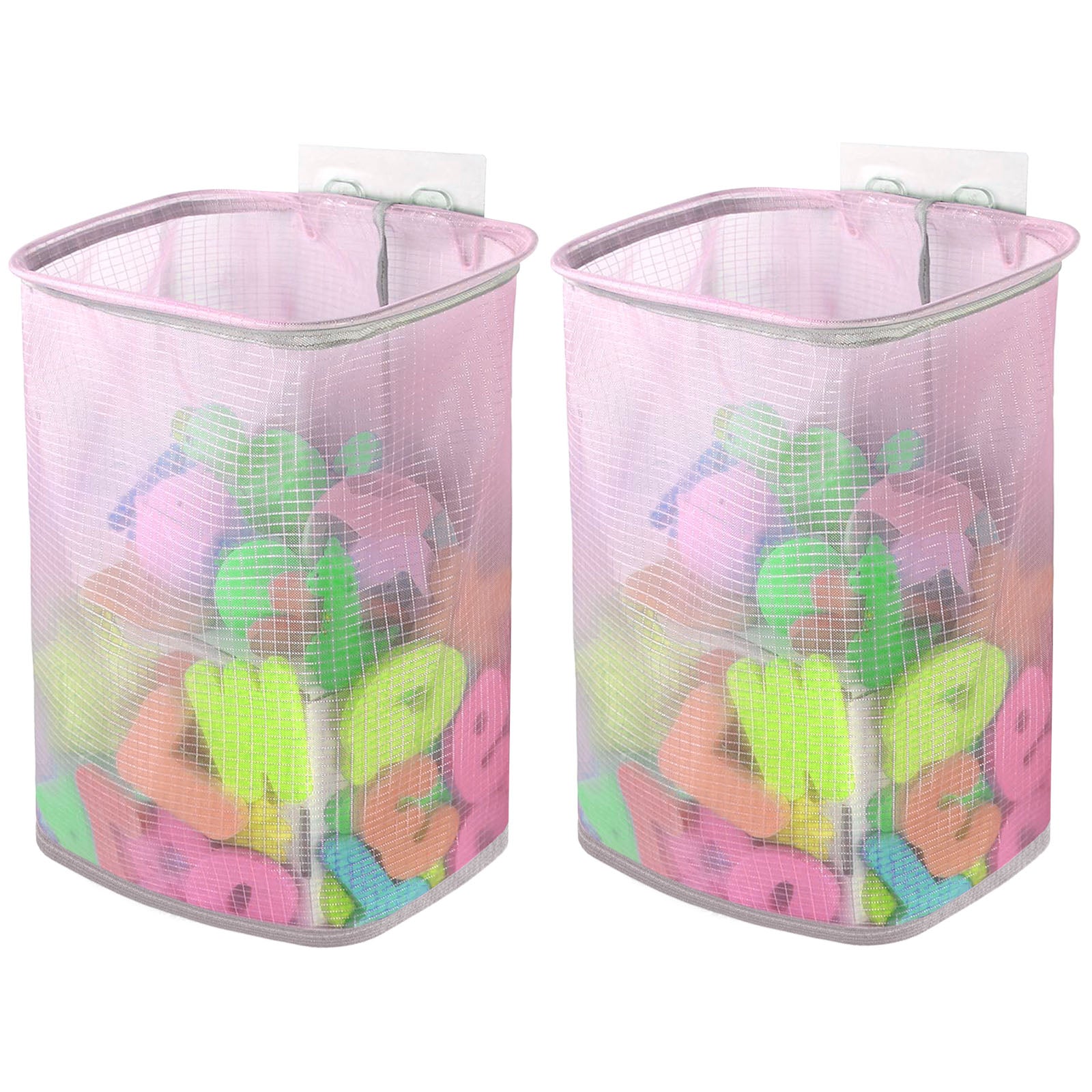 Linkidea 2 Pack Mesh Hanging Bath Toy Storage Organizer, Bathtub Basket with Adhesive Hooks, Wall Mount Shower Caddy Holder for Kids Bathroom Toys, Toiletries, Pink