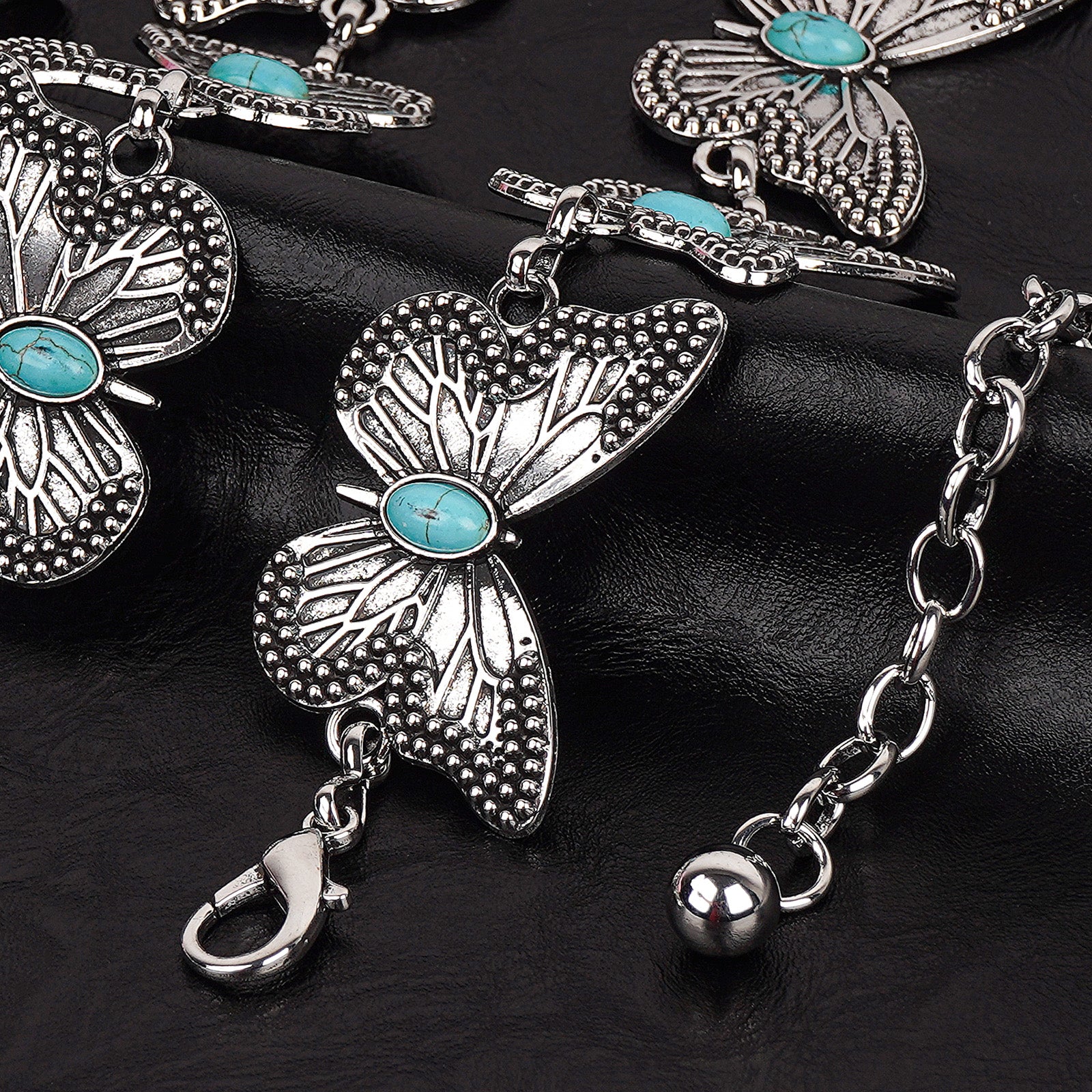 Plus Size Chain Belt for Women, Turquoise Stone Silver Metal Chain Belt Women Belly Waist Chains, Extra Long Body Chain, 59 Inch Adjustable Chunky Belt Chain (Butterfly Style)