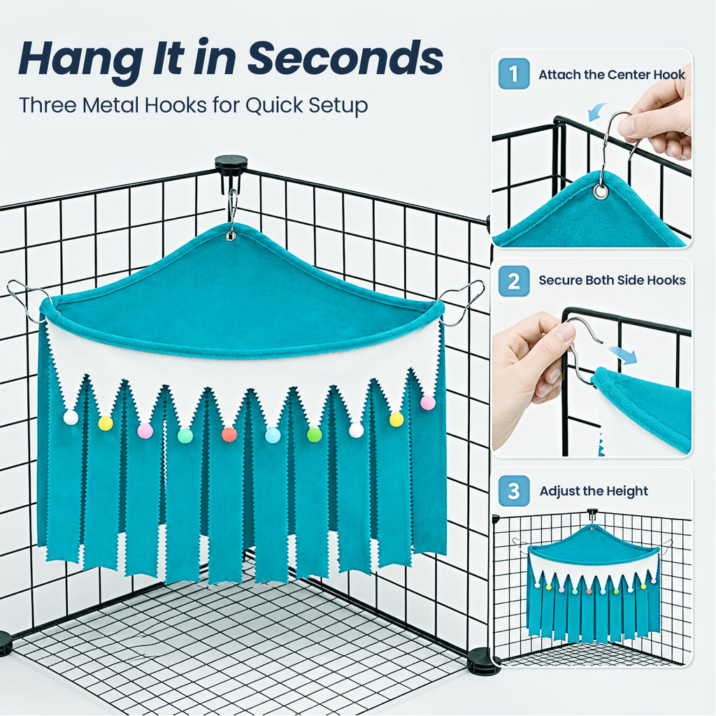 Corner Fleece Hideout Hammock for Small Animals, Cozy Hanging Cage Bed with Tassel Curtain, Soft Habitat Shelter with 3 Metal Hooks for Guinea Pigs, Rabbits, Rats, Ferrets, Chinchillas