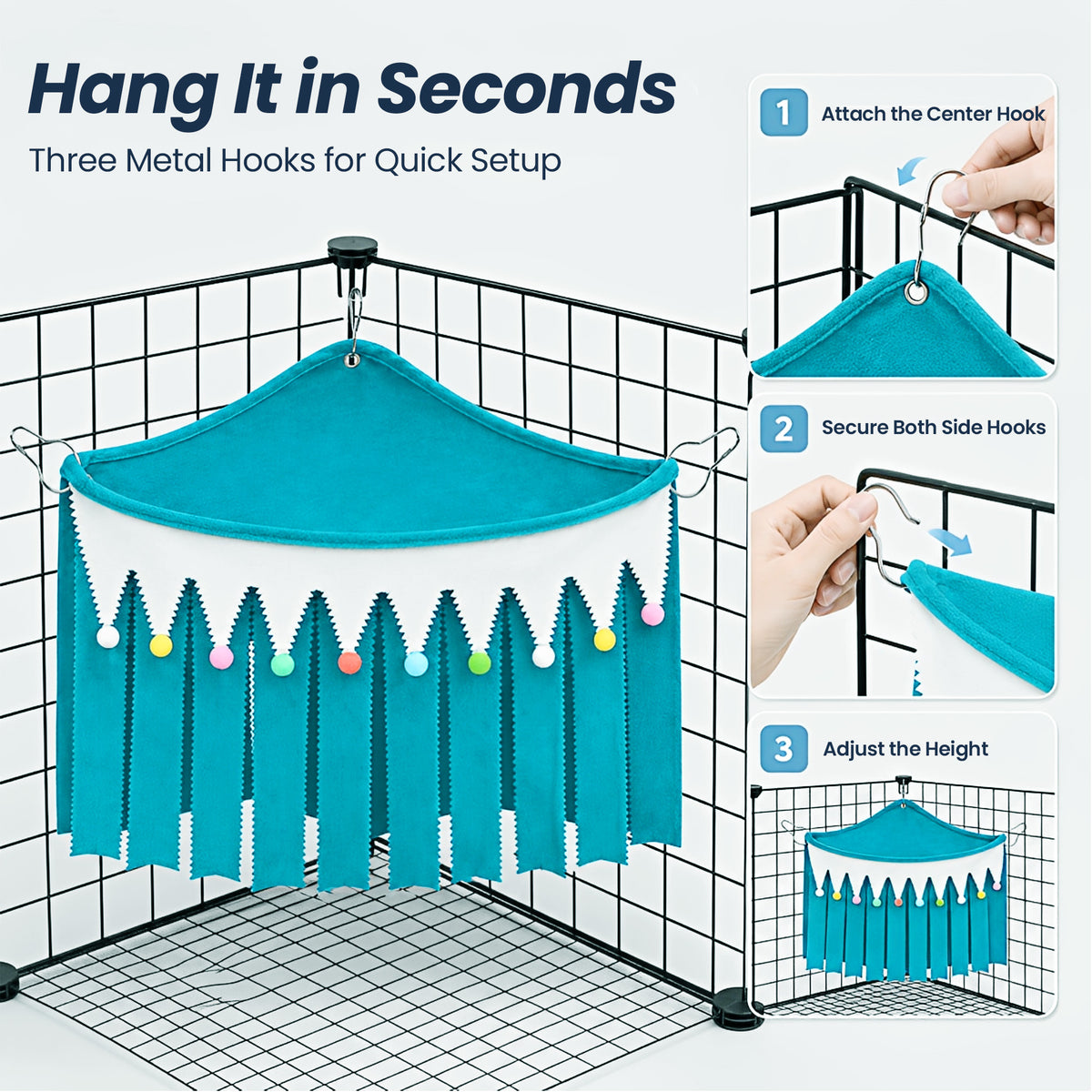 Corner Fleece Hideout Hammock for Small Animals, Cozy Hanging Cage Bed with Tassel Curtain, Soft Habitat Shelter with 3 Metal Hooks for Guinea Pigs, Rabbits, Rats, Ferrets, Chinchillas