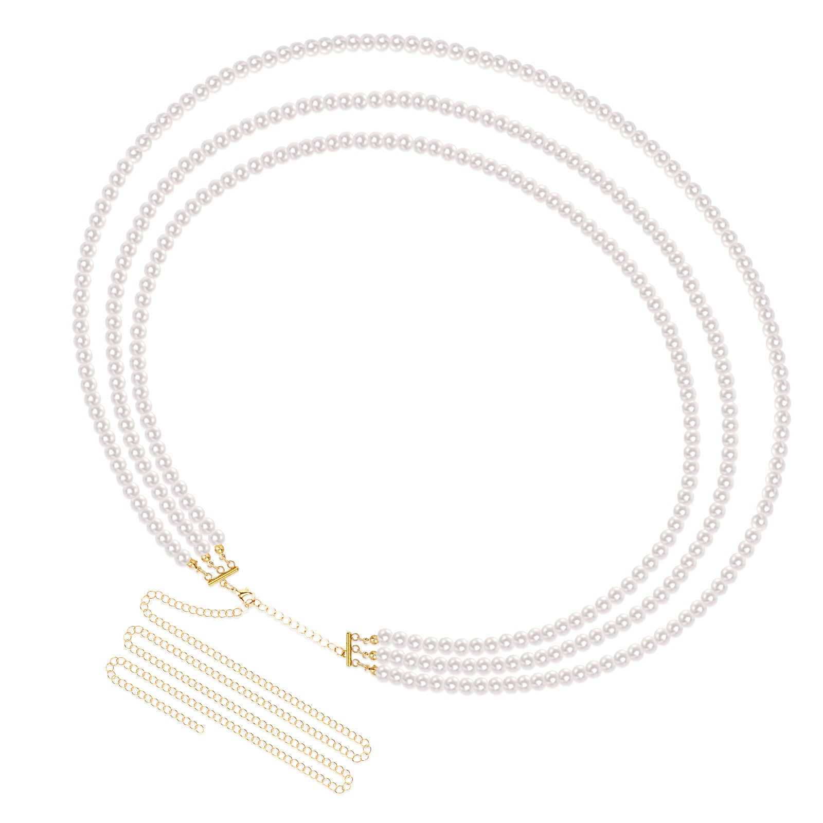 Plus Size Chain Belt for Women, 3 Layers White Pearl Waist Chains, Extra Large Body Chain, 33.4-59 Inch Adjustable Chunky Belt Chain