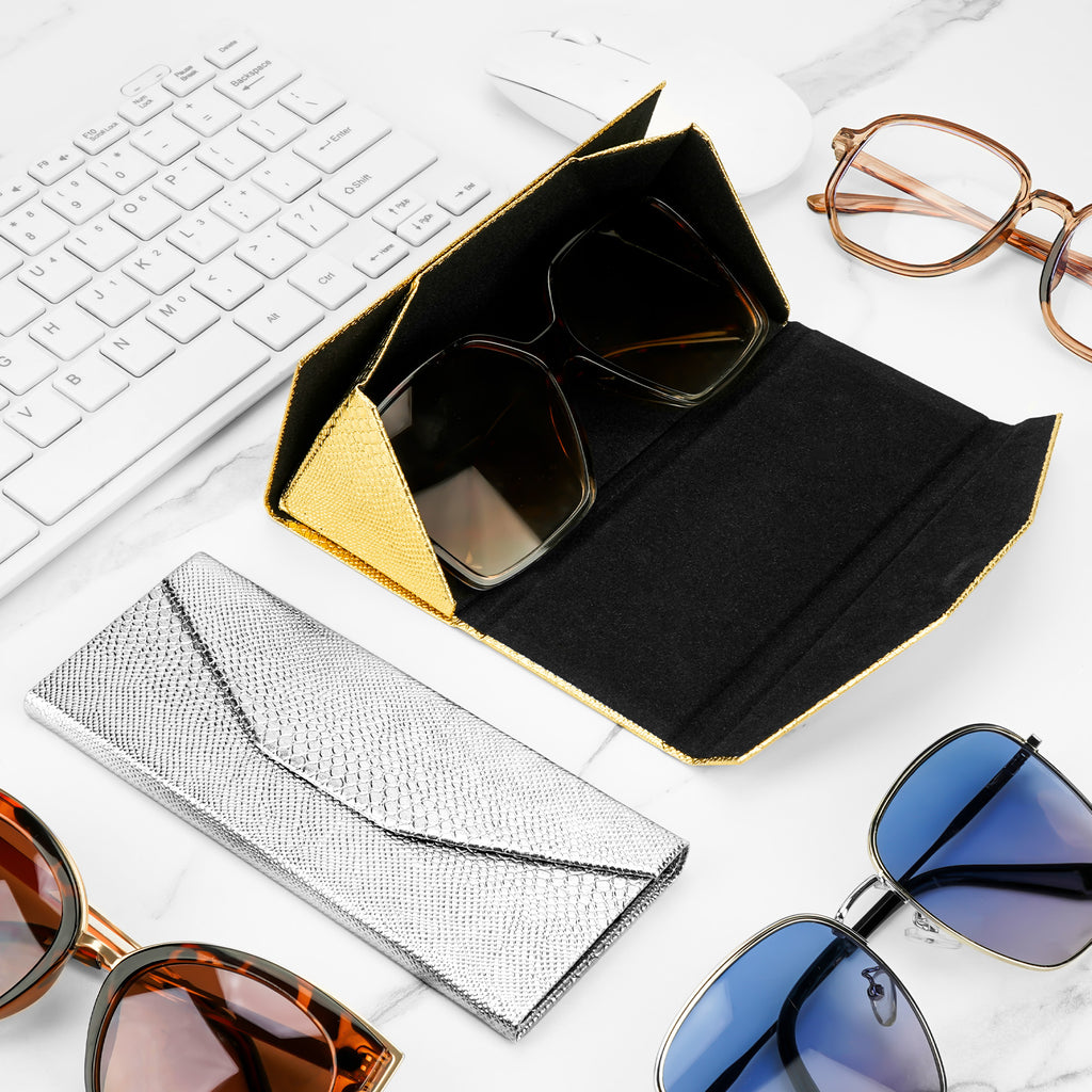 Extra Large Hard Shell Sunglasses Case, 2 Pack Gold & Silver Metal Eyewear Storage Bag Organizer Compatible with Rayban RB8089 RB4098 RB3825 RB4376 RB4191