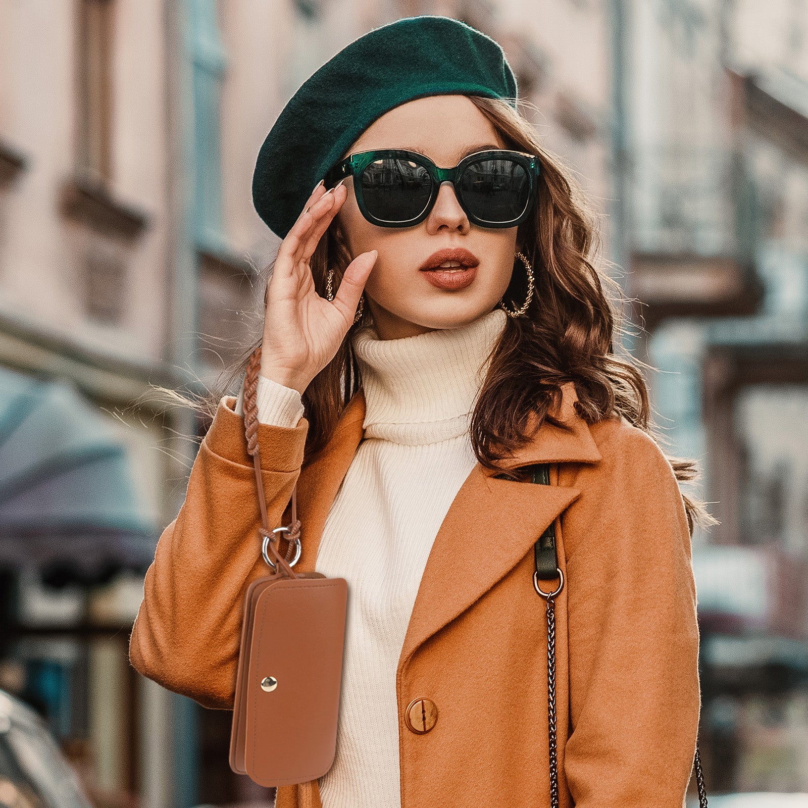 Extra Large Sunglasses Pouch Case with Carrying Strap, Vegan Leather Brown EyeGlasses Organizer Soft Bag Compatible with Rayban RB2132 RB4416 RB2241 RB3548 RB2398F RB4246
