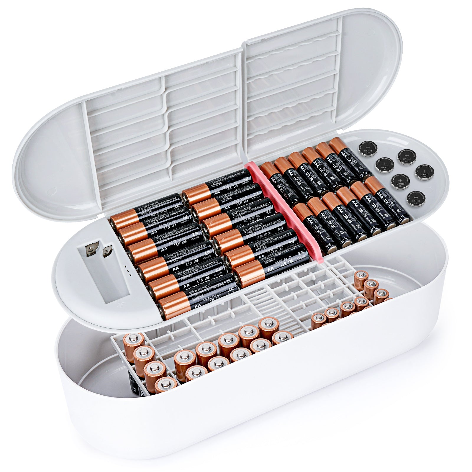 Linkidea Battery Storage Case with Tester, Portable Battery Organizer for 42 AA, 47 AAA, 19 Flat Battery, Double Layer Battery Storage Box (Grey & White)