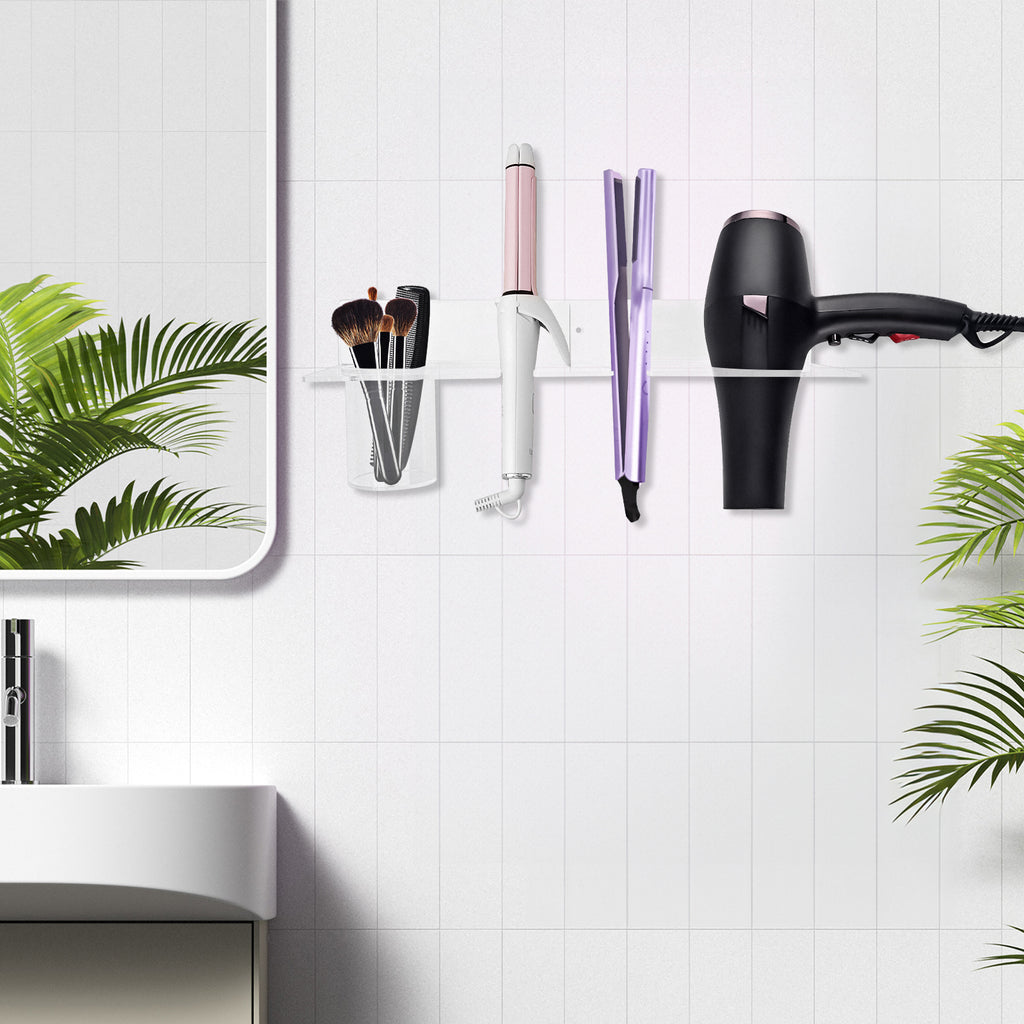 Linkidea Wall Mount Hands Free Blow Dryer Holder, Acrylic Dryer Stand with Storage Cup, Multi-Functional Hair Dryer Rack for Dyson Hair Dryer, Curling Wands, Hair Straighteners (Transparent)