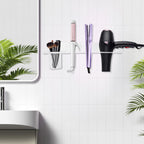 Linkidea Wall Mount Hands Free Blow Dryer Holder, Acrylic Dryer Stand with Storage Cup, Multi-Functional Hair Dryer Rack for Dyson Hair Dryer, Curling Wands, Hair Straighteners (Transparent)