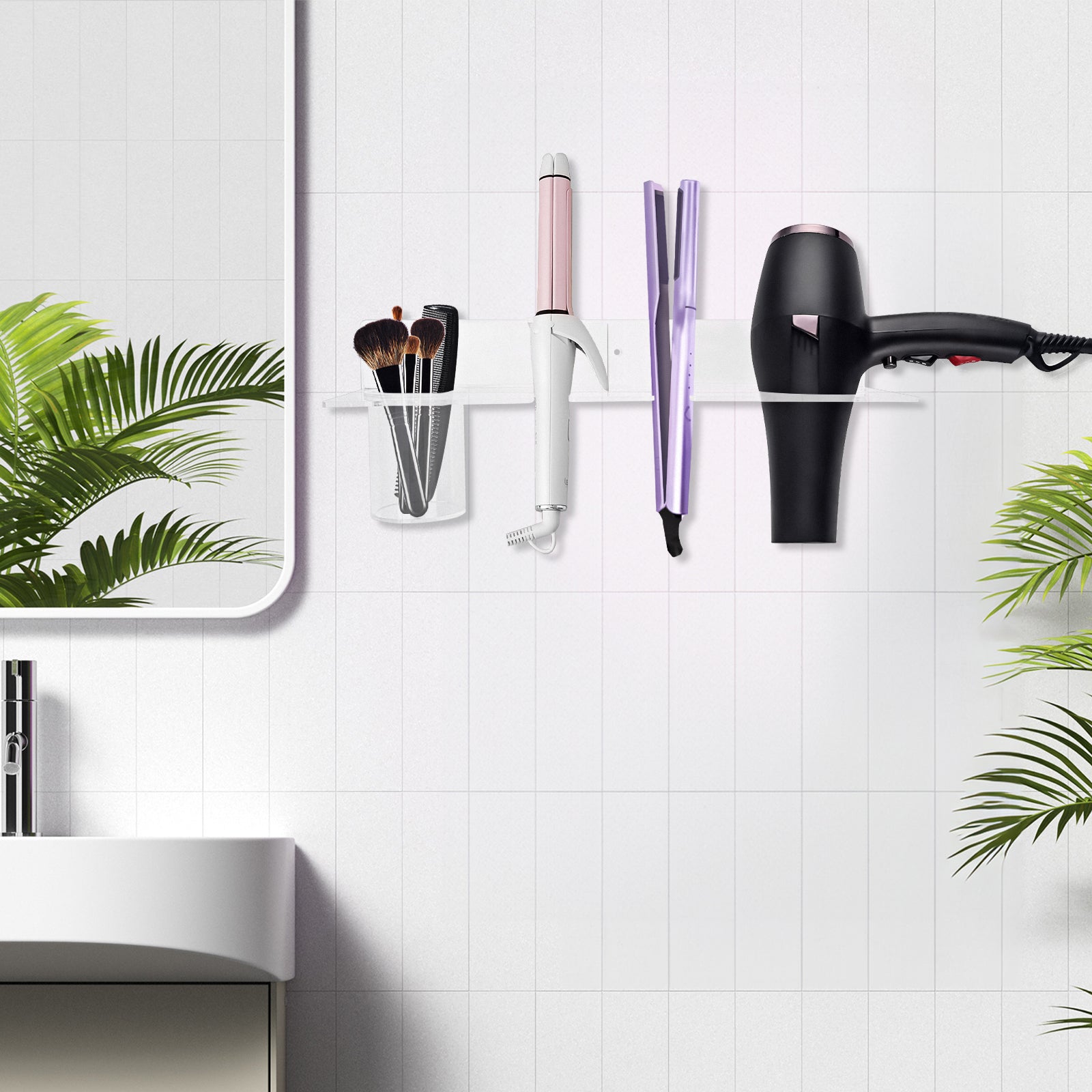 Linkidea Wall Mount Hands Free Blow Dryer Holder, Acrylic Dryer Stand with Storage Cup, Multi-Functional Hair Dryer Rack for Dyson Hair Dryer, Curling Wands, Hair Straighteners (Transparent)