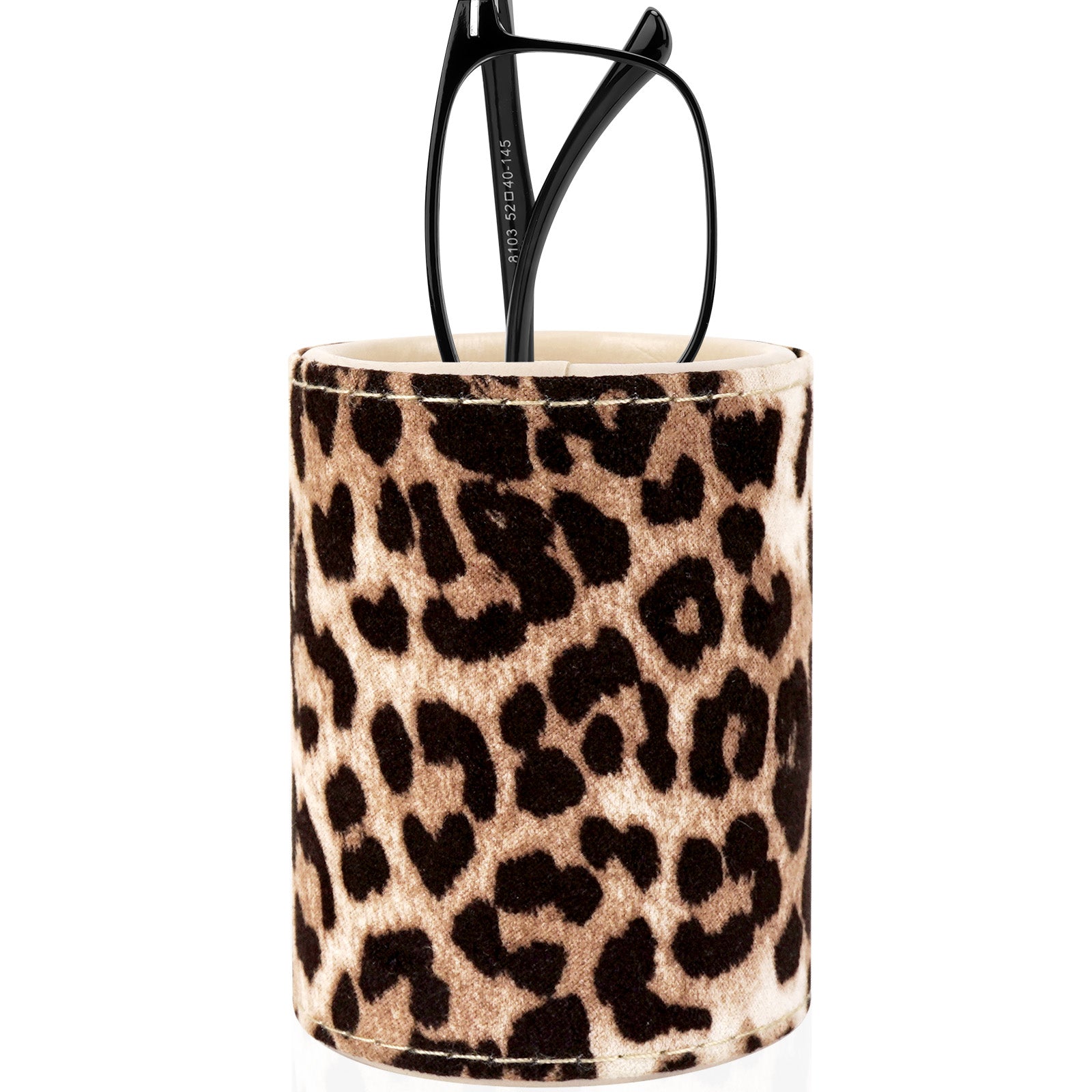 Eyeglasses Desk Holder Stand, Vegan Leather Lined Reading Glasses Holder for Nightstand Office Desk Organizer (Leopard Print)