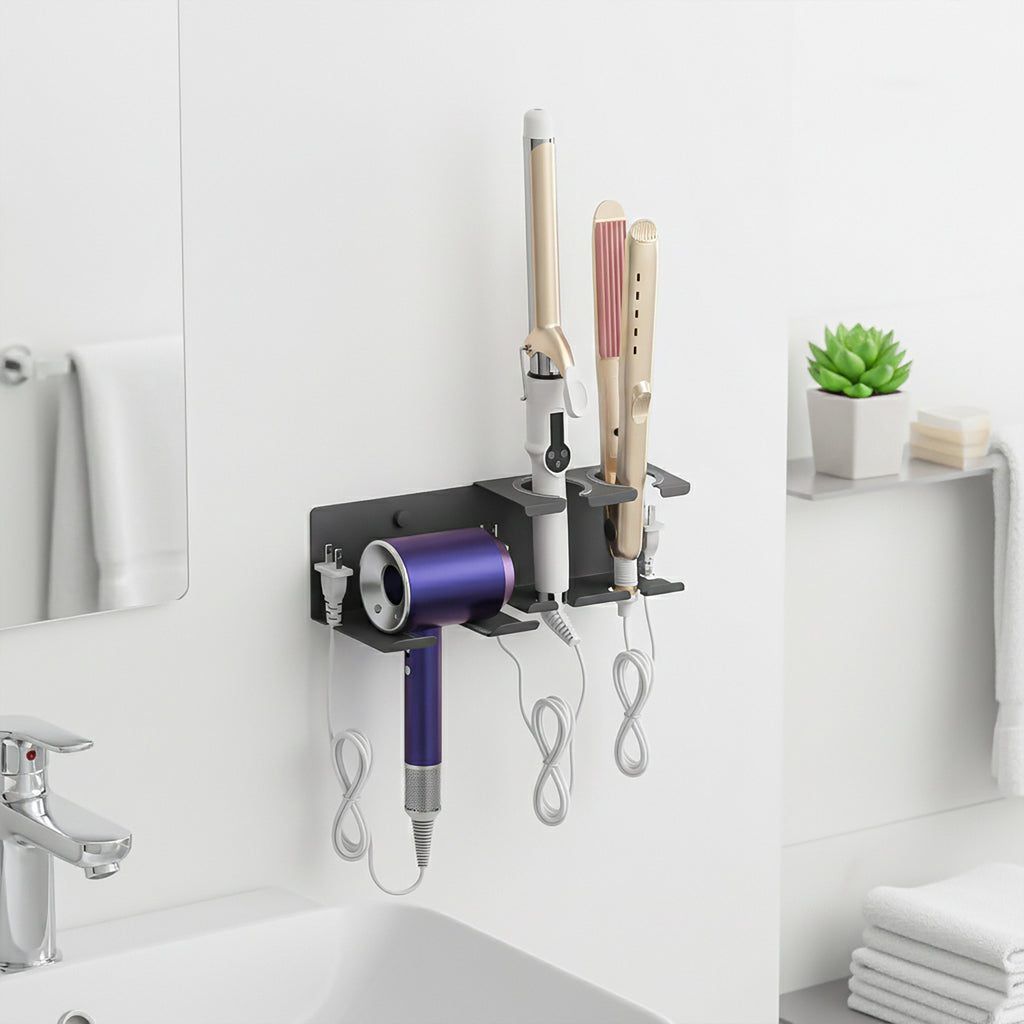 Linkidea Aluminum Alloy Hair Dryer Holder with Curling Iron Storage, Hair Styling Tool Organizer for Bathroom, Countertop, Wall Mounted Storage Rack (Grey)