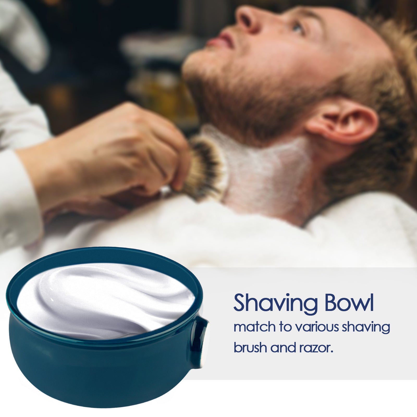 Linkidea Ceramic Shaving Soap Bowl with Non-slip Handle, Wide Mouth, Large Capacity, Easier to Lather Ridges, Wet Razor Shave Cream Bowl for Men (Navy Blue)