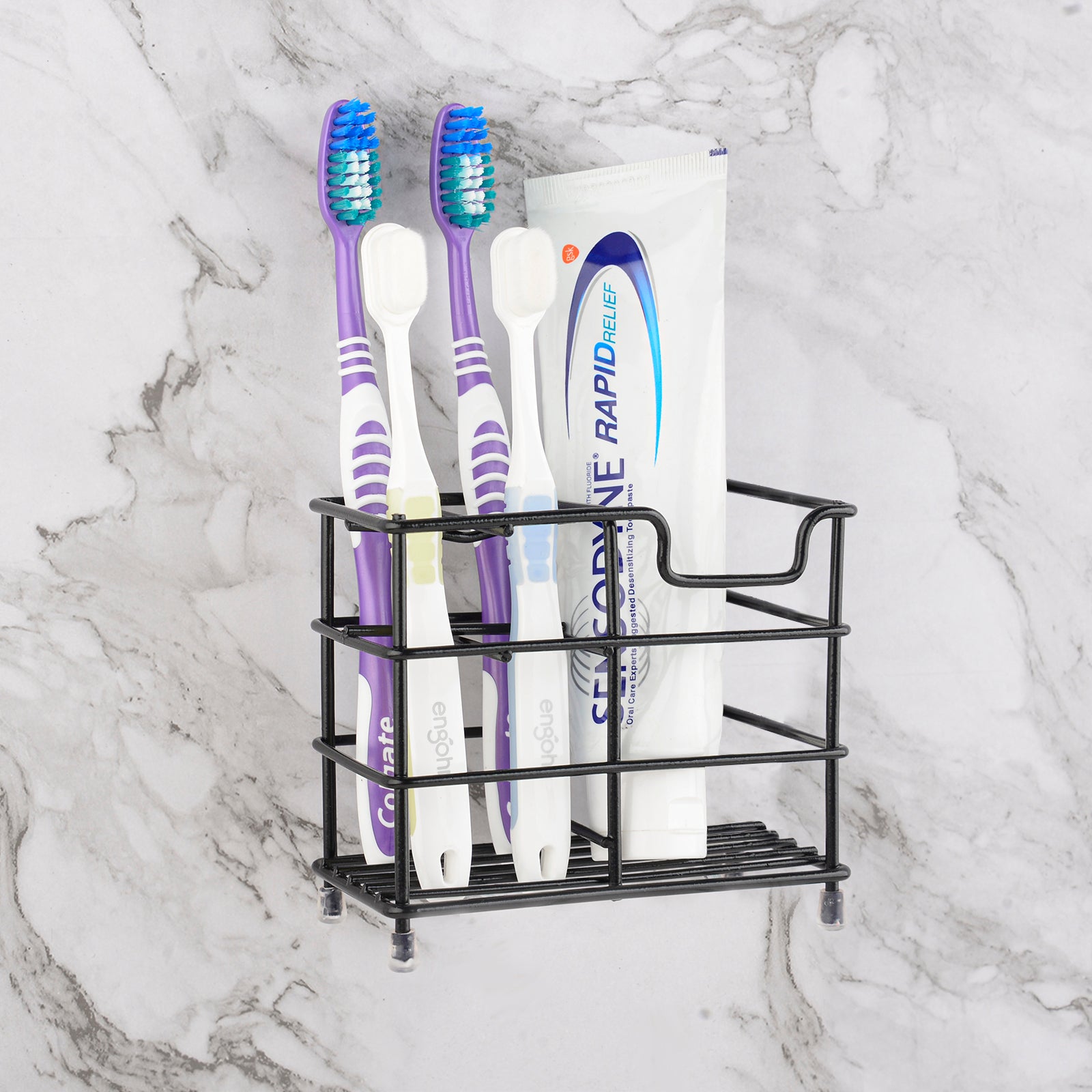 Linkidea Wall Mount Toothbrush Holder for Bathroom, Stainless Steel Tooth Brush Stand for Electric Toothbrush, Toothpaste, Razor, Self Adhesive Wallmount/Countertop 5 Slots Organizer (Black)