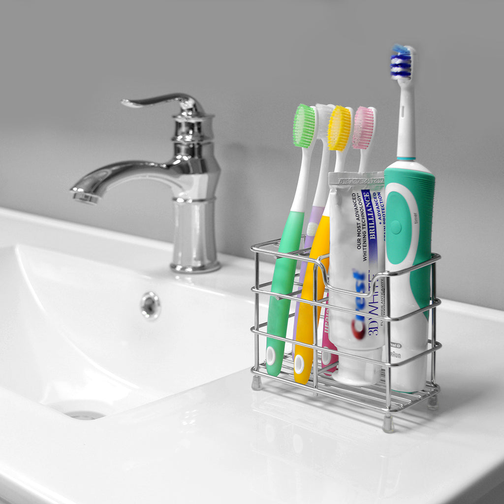 Linkidea Wall Mount Toothbrush Holder for Bathroom, Stainless Steel Tooth Brush Stand for Electric Toothbrush, Toothpaste, Razor, Self Adhesive Wallmount / Countertop 5 Slots Organizer (Chrome)