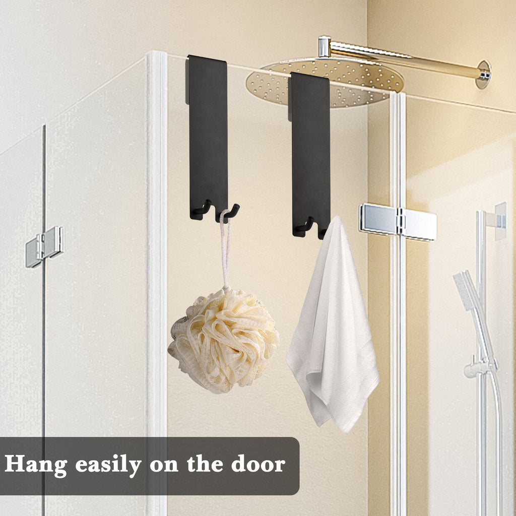 Linkidea 2 Pack Over Door Hook, 7" Stainless Steel Extend Hook for Shower, Bathroom Hanger with Non-Slip Sponge Pad for Frameless Glass Doors (Black)
