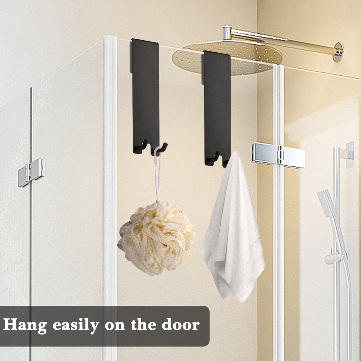 Linkidea 2 Pack Over Door Hook, 7" Stainless Steel Extend Hook for Shower, Bathroom Hanger with Non-Slip Sponge Pad for Frameless Glass Doors (Black)