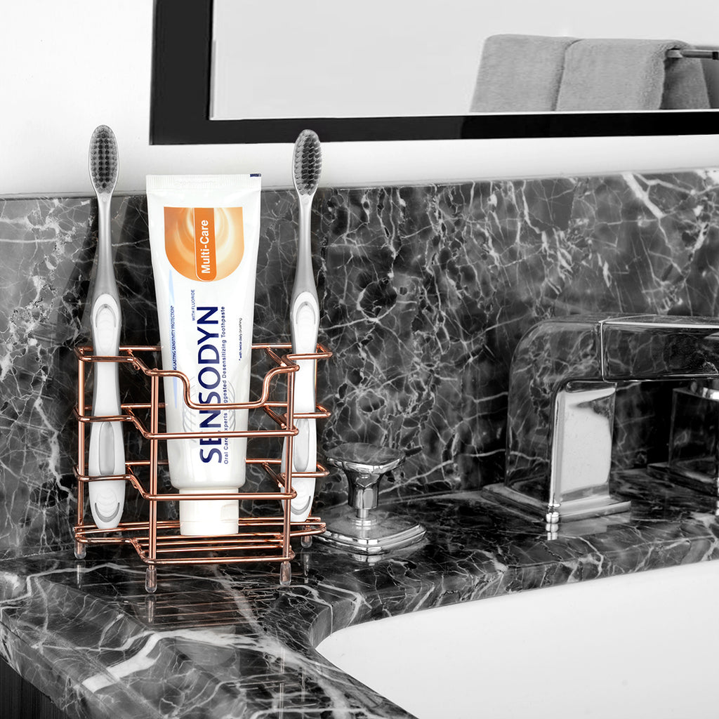 Linkidea Wall Mount/Countertop Toothbrush Holder for Shower, Stainless Steel Toothpaste Stand, 3 Slots Organizer Compatible with Colgate Extra Clean, Oral-B CrossAction (Rose Gold)