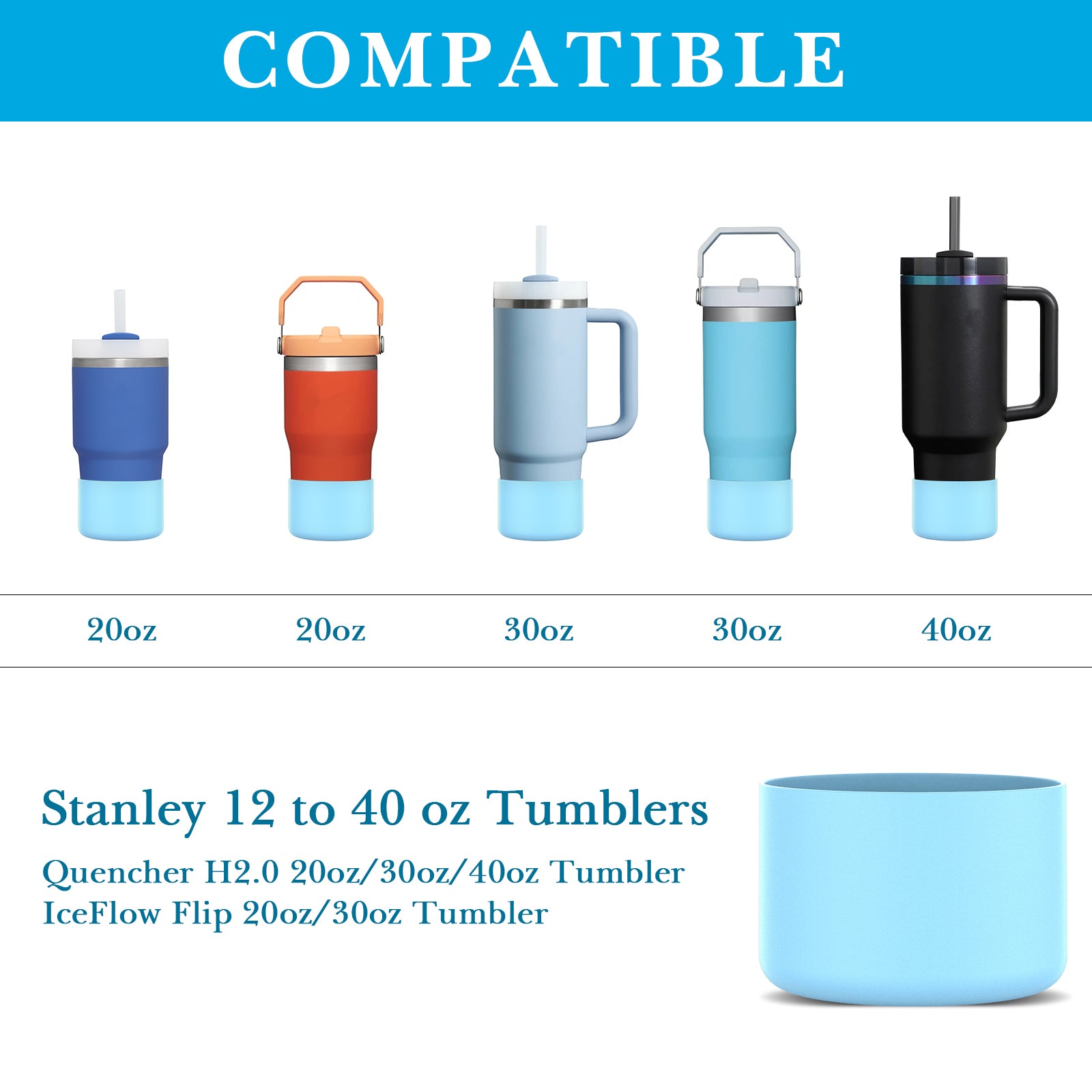 Linkidea 2 Pack Water Bottle Boot Compatible with Stanley Quencher H2.0 20oz/30oz/40oz, IceFlow Flip 20oz/30oz, Silicone Water Bottle Bottom Sleeve Cover Bumper Protector (Light Sky)