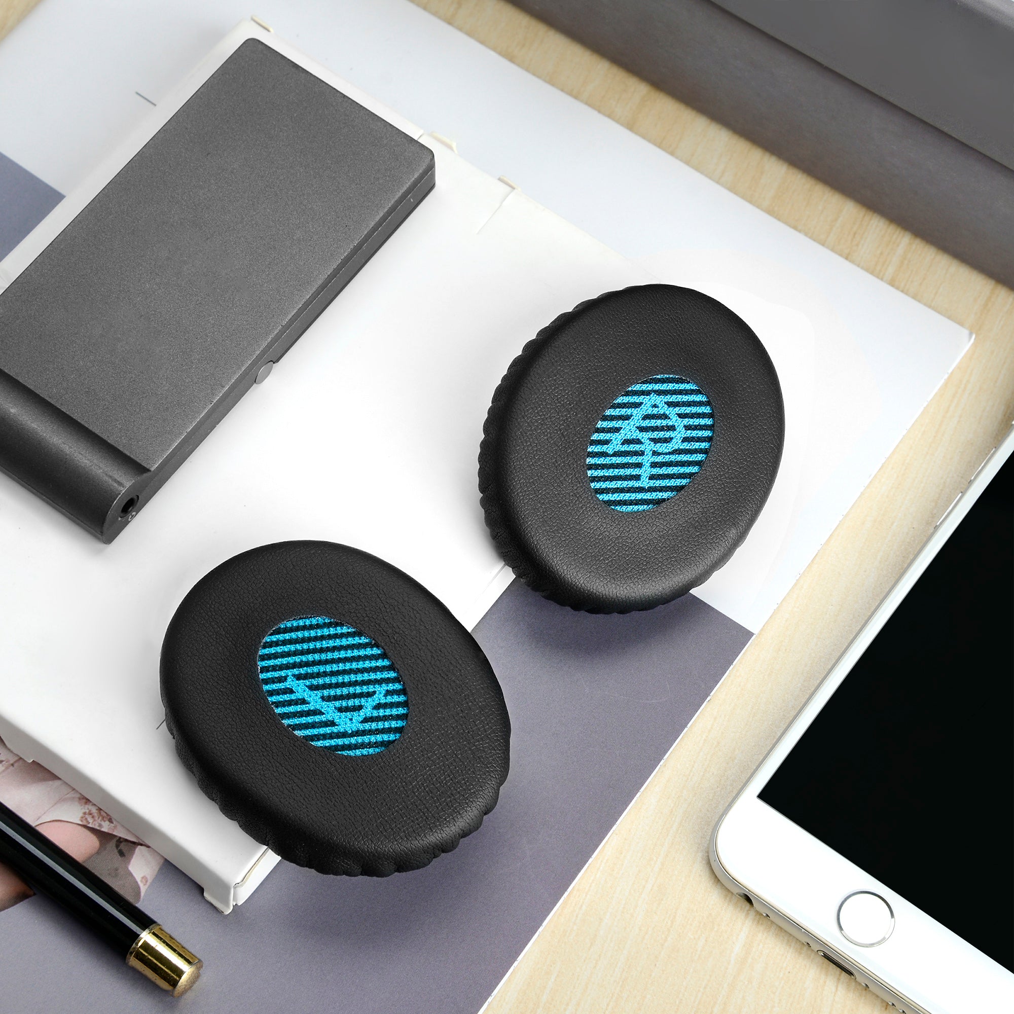 Replacement Ear Pads for Bose On-Ear OE2/OE2i, SoundTrue, SoundLink On-Ear (OE) Ear Headphones, Headset Earpads ( Protein Leather / Black-Blue Mesh )