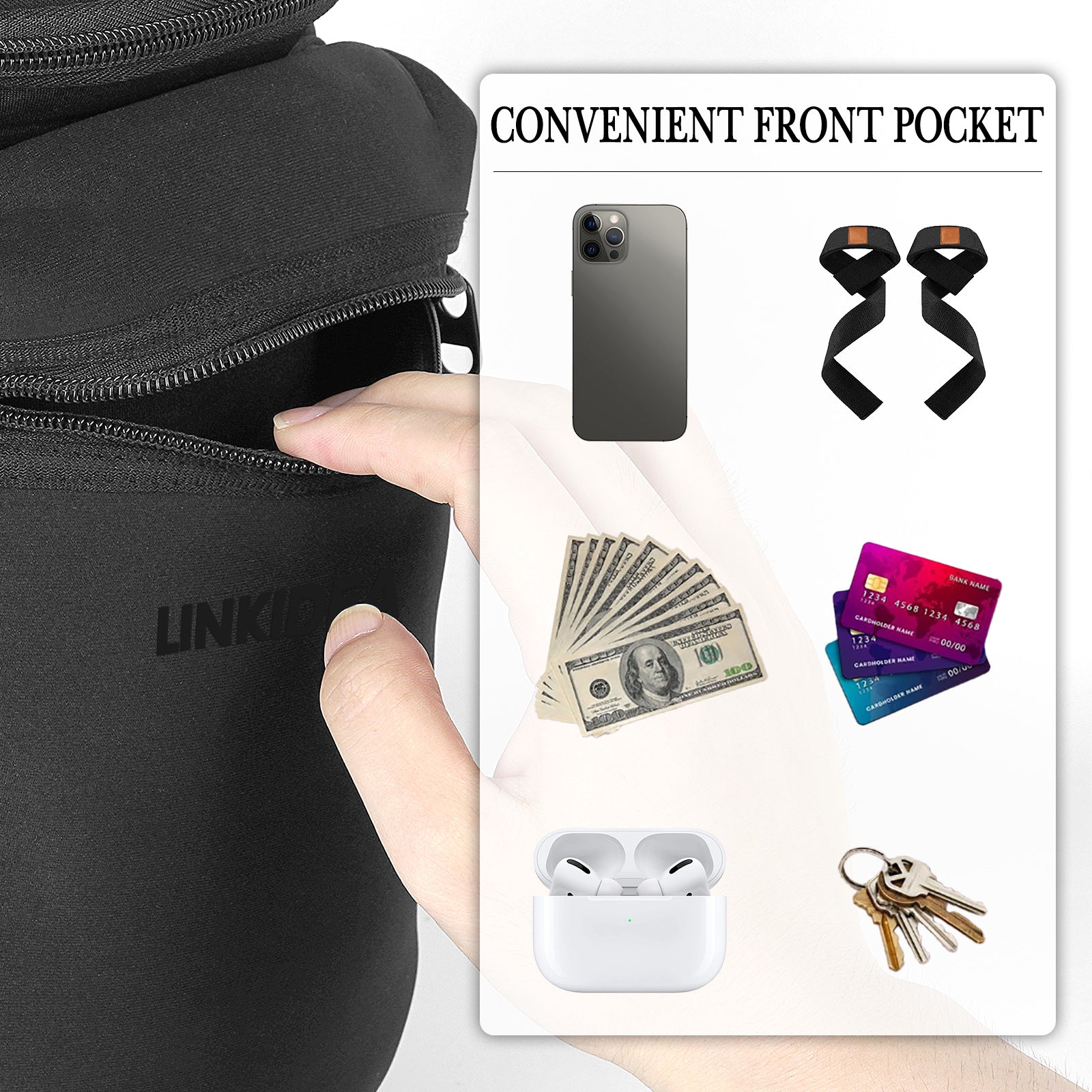 Linkidea 1 Gallon (128 oz) Water Bottle Carrier with Strap Compatible with AQUAFIT, BuildLife, Neoprene Large Waterbottle Sling Bag Holder with Phone Pocket | Keyring (Black)