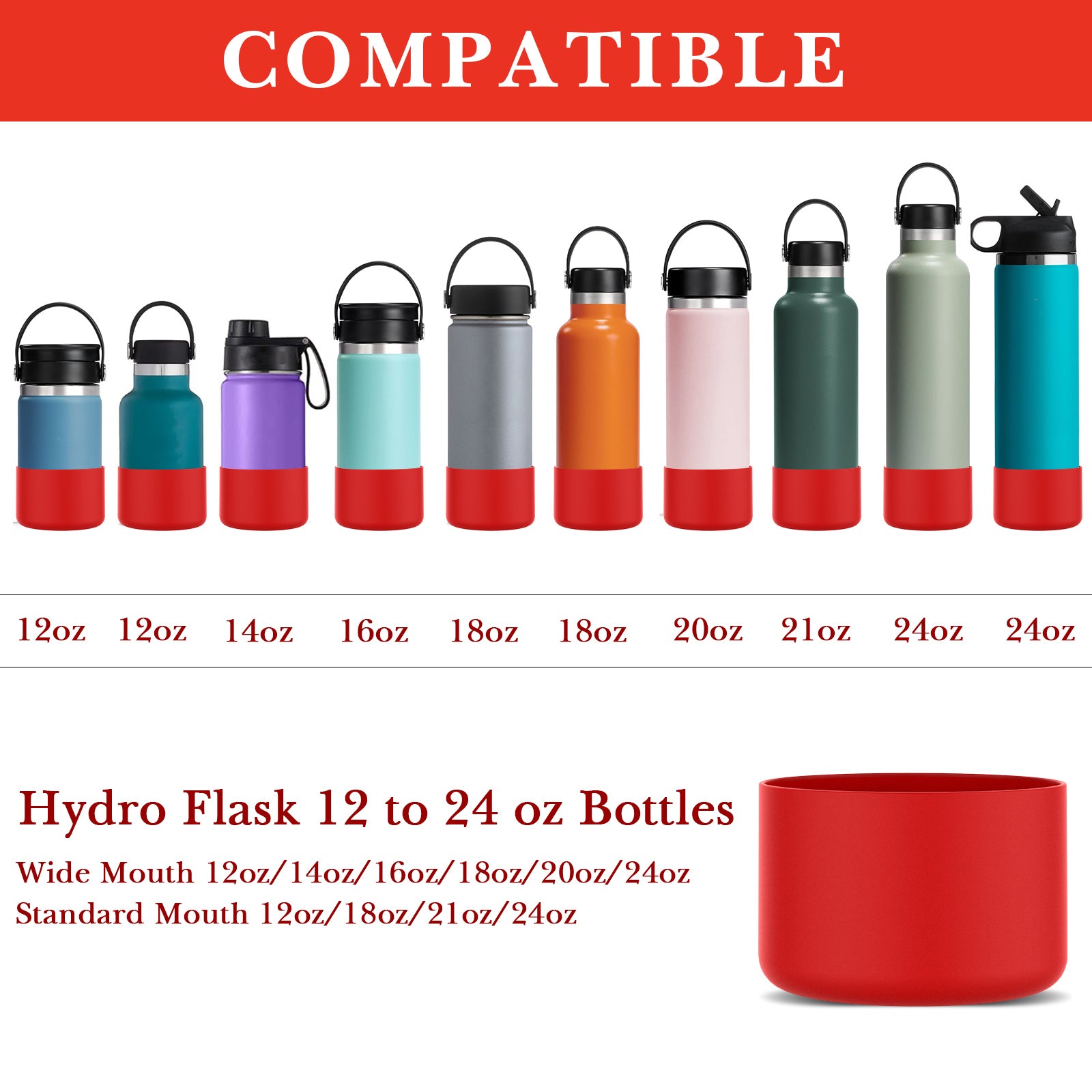 Linkidea 2 Pack Water Bottle Boot Compatible with Hydro Flask Wide Mouth 12oz/14oz/16oz/18oz/20oz, Silicone Bottle Bottom Sleeve Bumper Protector (Red)