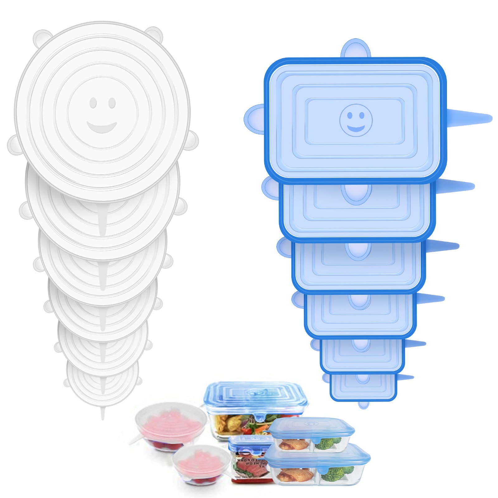 Linkidea 12 Pcs Silicone Stretch Lids, Flexible Round & Rectangle Fit 2.6\" - 8.1\", Stretchy Silicone Lids for Food Storage, Different Sizes Reusable Silicone Bowl Covers (Blue & White)