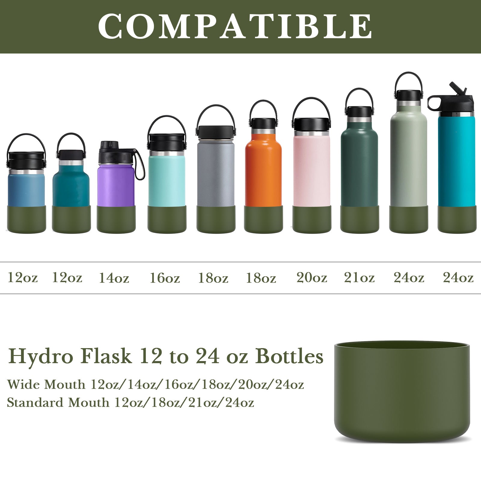 Linkidea 2 Pack Water Bottle Boot Compatible with Hydro Flask Wide Mouth 12oz/14oz/16oz/18oz/20oz, Silicone Bottle Bottom Sleeve Bumper Protector (Army Green)