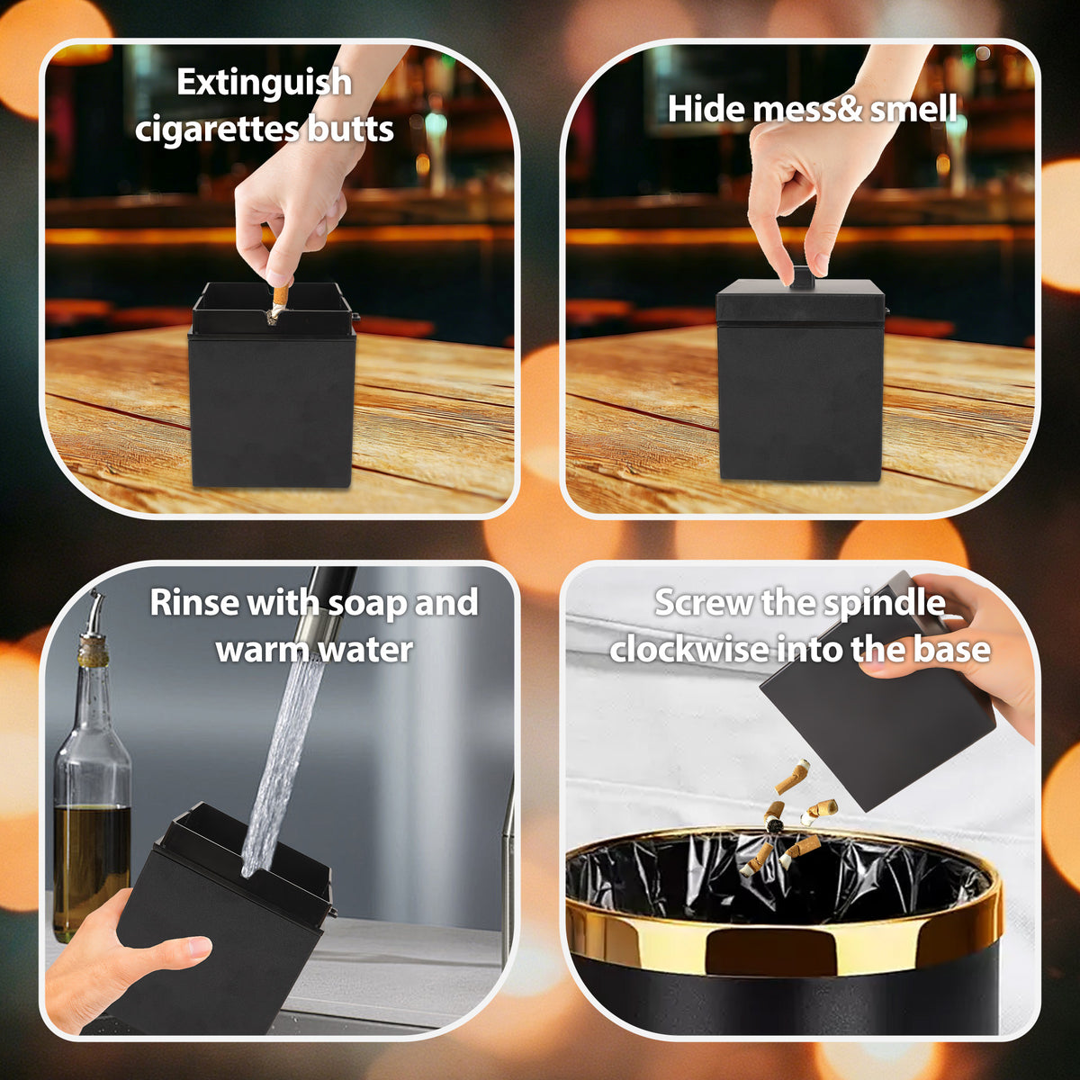 Linkidea Large Stainless Steel Outdoor Ashtray with Windproof Lid, Smokeless Cigarette Holder for Patio, Bar, Office and Home (Black)