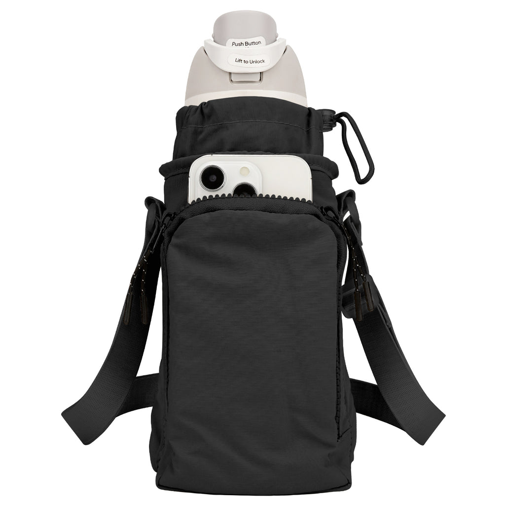 Linkidea Water Bottle Carrier with Strap Compatible with Owala FreeSip 24oz/32oz, IRON FLASK Wide Mouth 32oz, Bottle Shoulder Strap Bag Holder with Phone Pocket (Black)