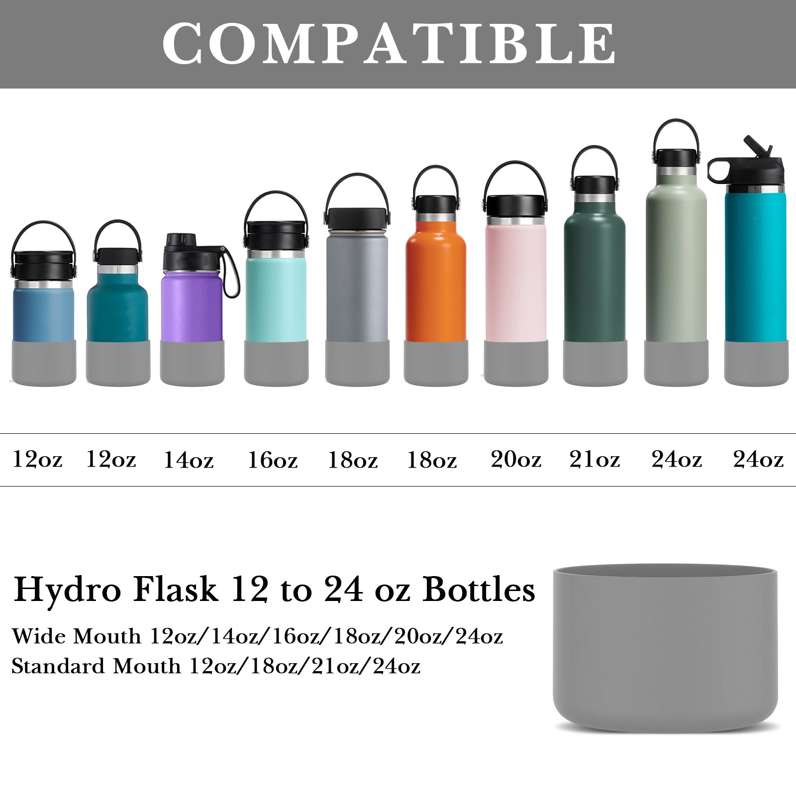 Linkidea 2 Pack Water Bottle Boot Compatible with Hydro Flask Wide Mouth 12oz/14oz/16oz/18oz/20oz, Silicone Bottle Bottom Sleeve Bumper Protector (Gray)
