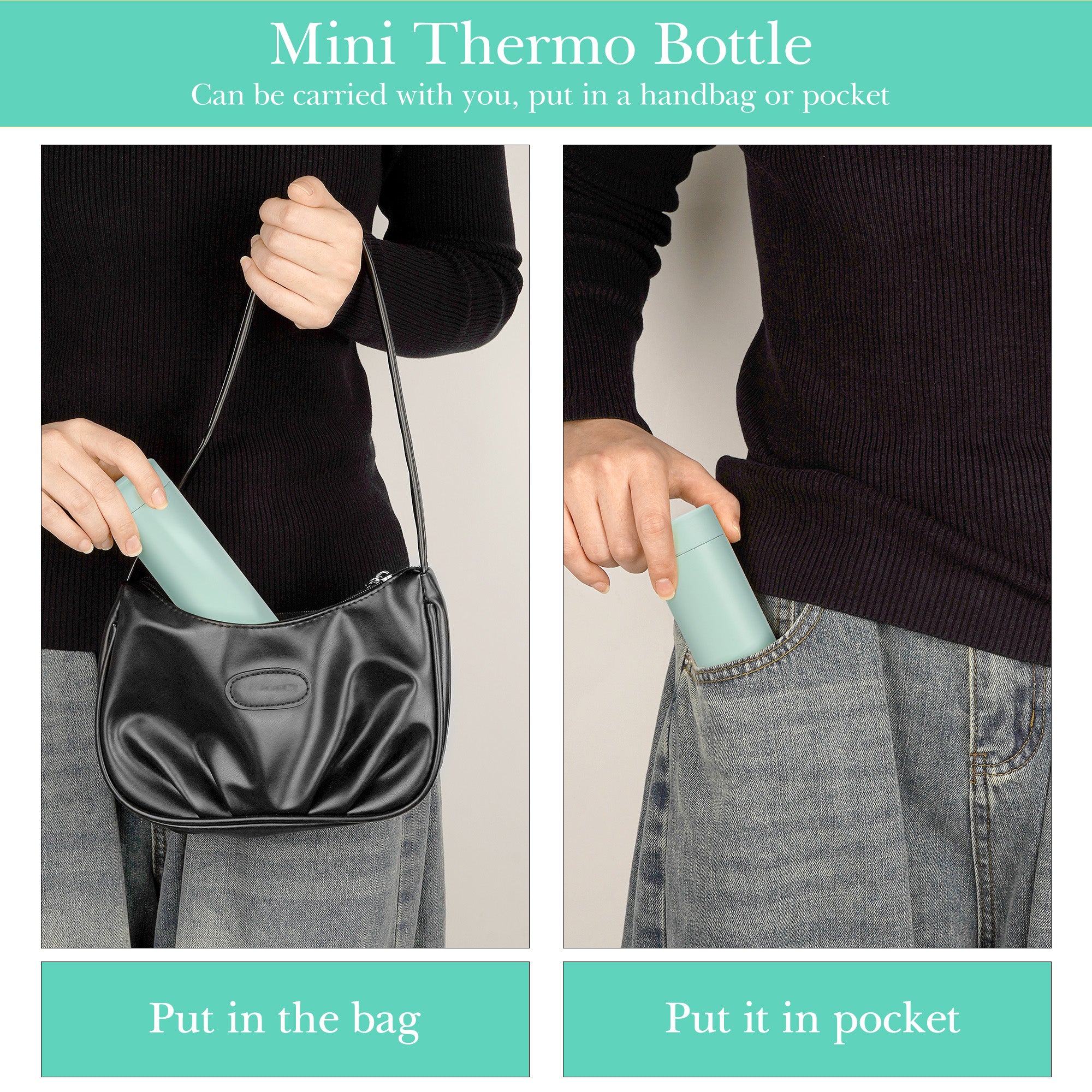 Linkidea 5oz (150ml) Mini Water Bottle, Small Vacuum Insulated Stainless Steel Water bottle for Hot & Cold Drinks, Thermo Flask Fit Handbag, Purse and Pocket (Light Green)