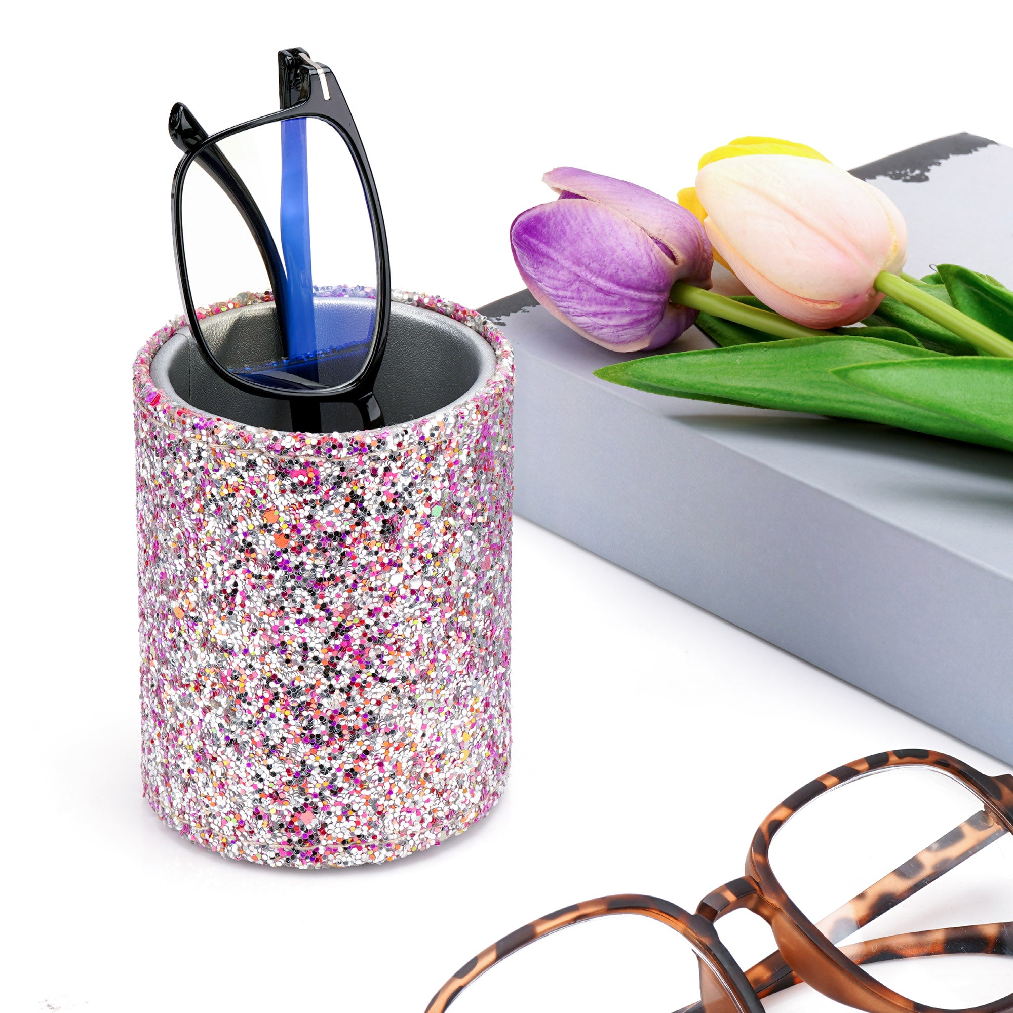 Reading Glasses Desk Holder Stand, Vegan Leather Lined Eyewear Display Storage for Nightstand Office Organizer (Purple )