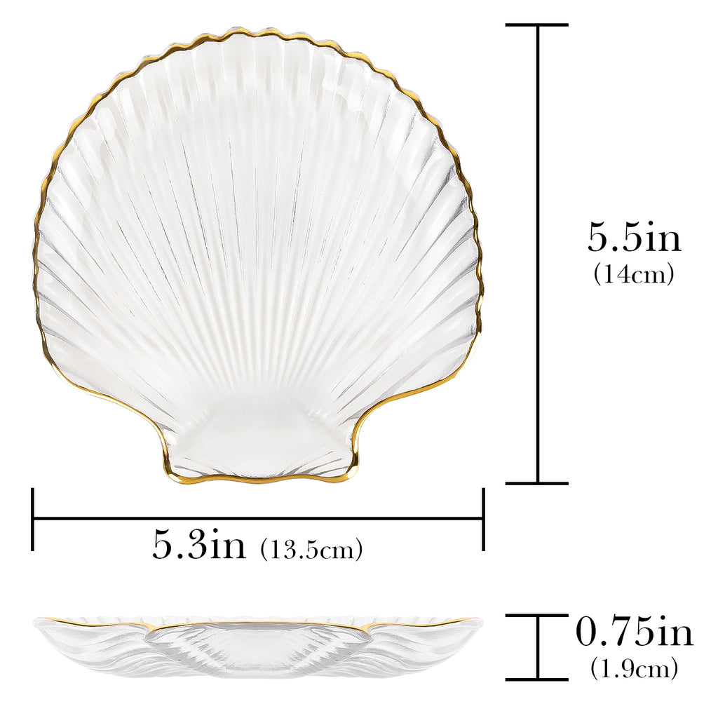Linkidea Clear Glass Soap Dish Tray with Gold Trim, Elegant Sea Shell Design for Bathroom Decor, Cleanser Holder for Vanity, Countertop, Sink