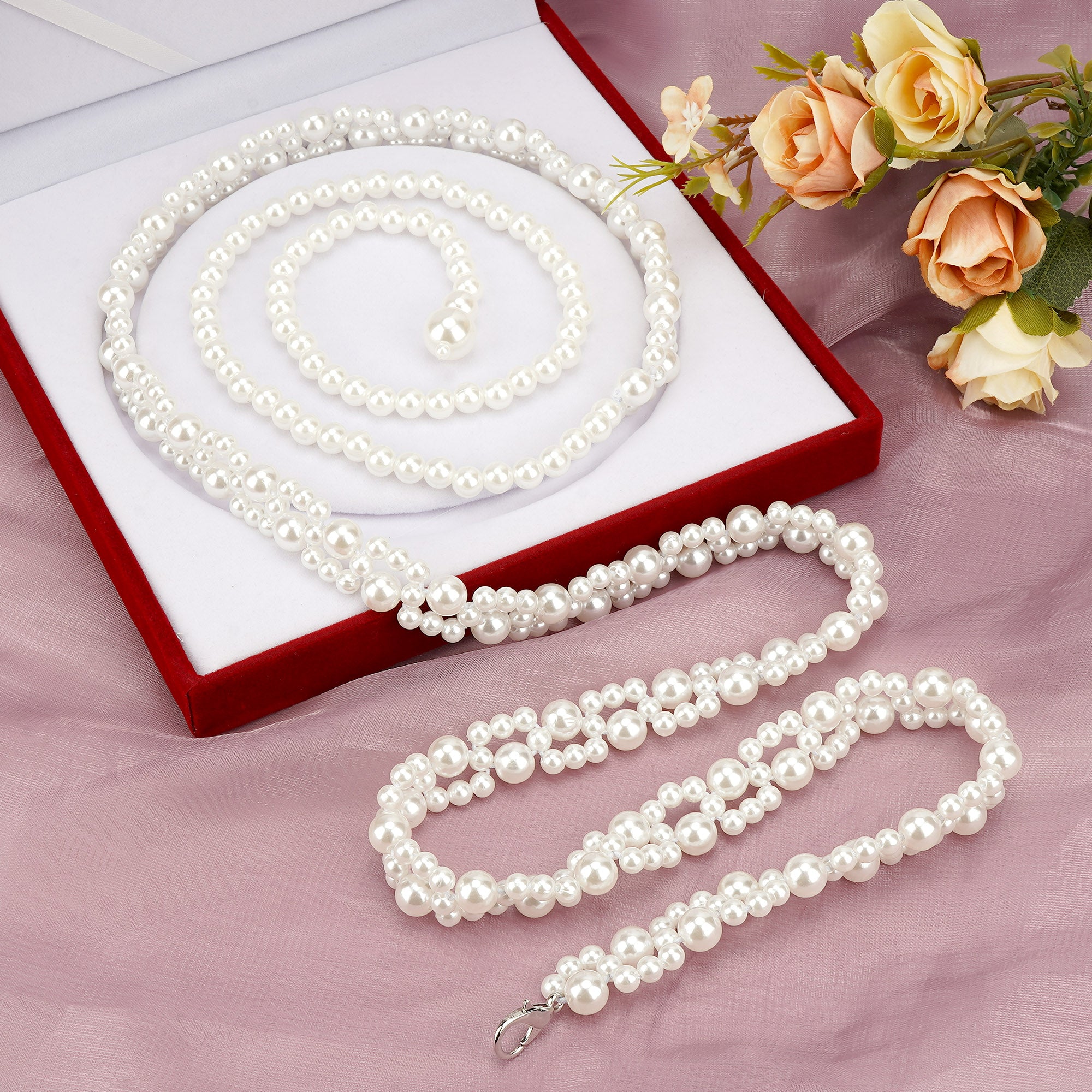 Plus Size Chain Belt for Women, White Pearl Stretchable Extra Long Body Chain, 59 Inch Max Flexible Adjustment Fashion Jewelry Accessory