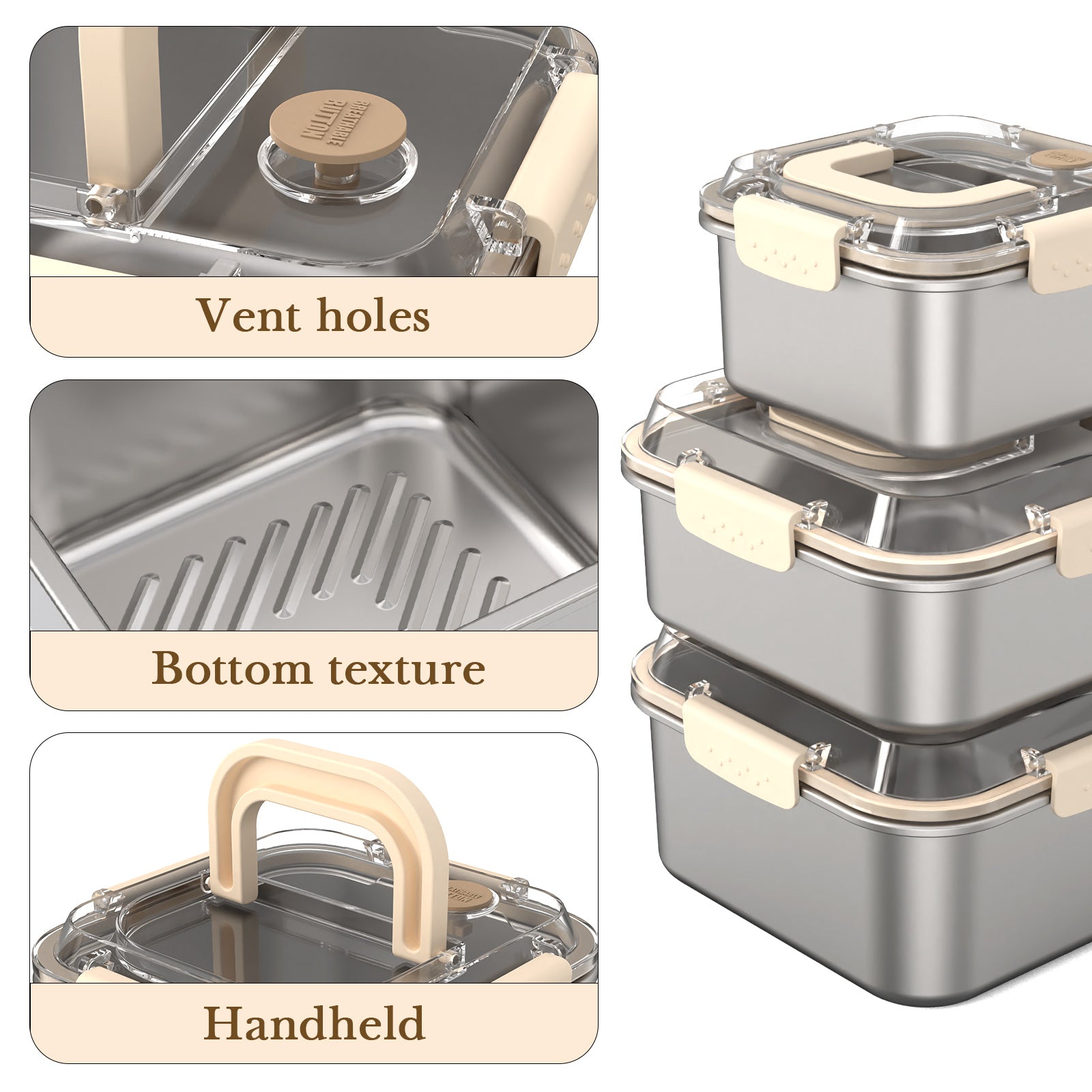 Linkidea 3 Pack Square 304 Stainless Steel Fruit and Food Containers with Lid, Preservation Box Container Fridge Fresh-Keeping, Fruit Storage Container with Handle Oven/Dishwasher Safe (Silver)