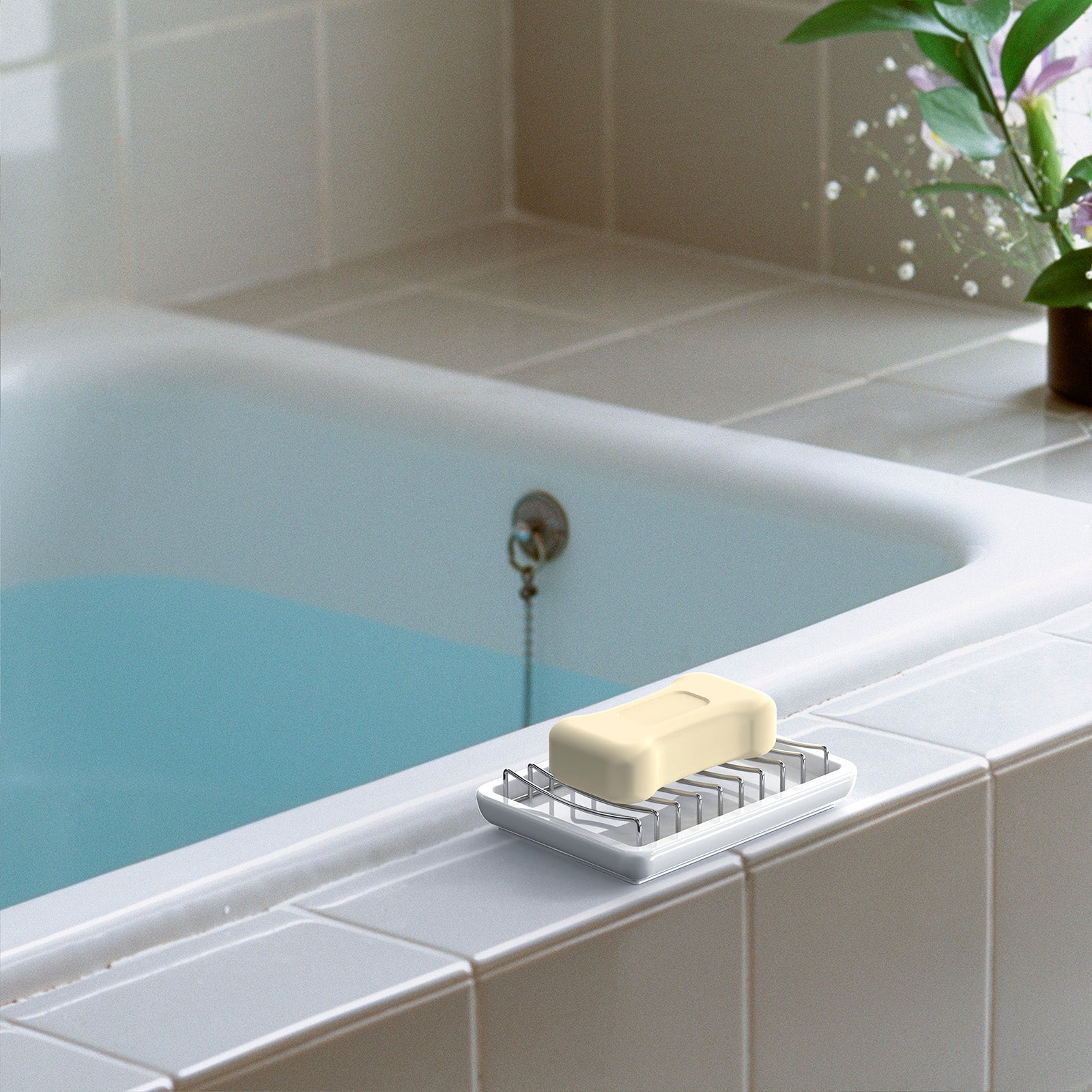 Linkidea Double Layer Ceramic Soap Dish, Stainless Steel Self Draining Soap Tray Holder, Soap Sponge Box for Bathroom Shower