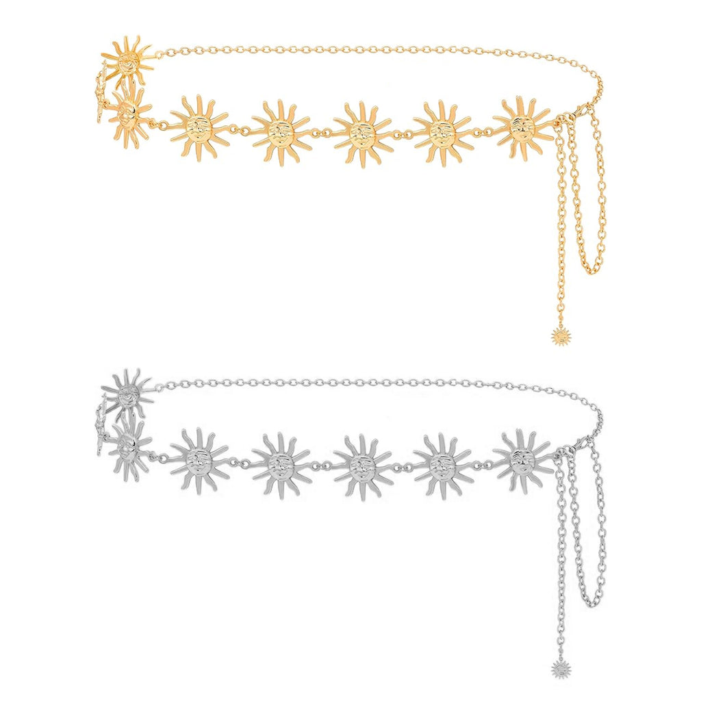 Women's Chain Belt, Metal Waist Chain, Adjustable Belly Belt with Sun Style, Fits 21.6-43.3 in Waist, 51.2 in Total Length