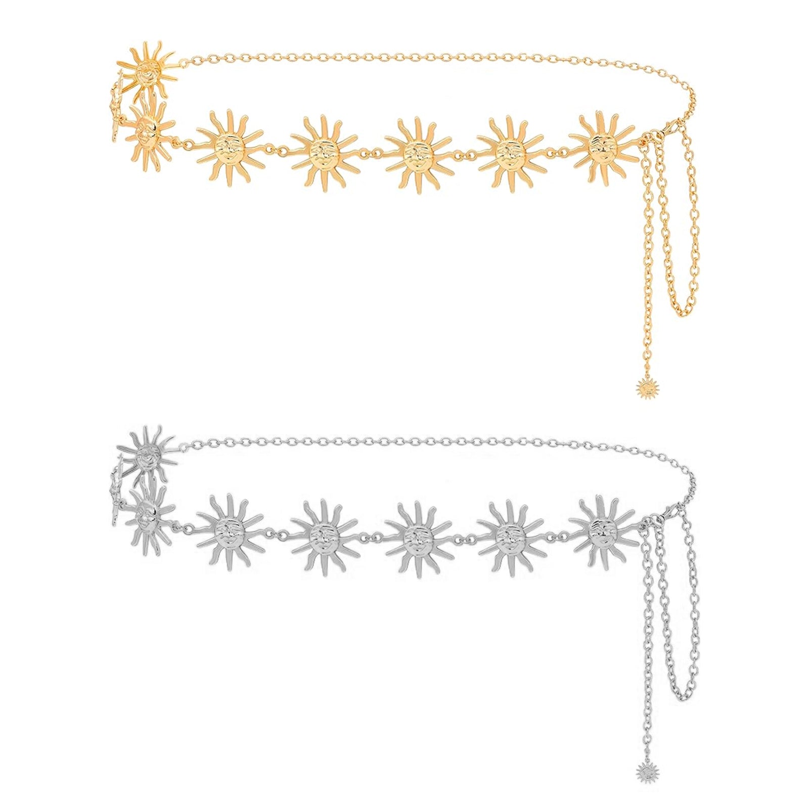 Women's Chain Belt, Metal Waist Chain, Adjustable Belly Belt with Sun Style, Fits 21.6-43.3 in Waist, 51.2 in Total Length