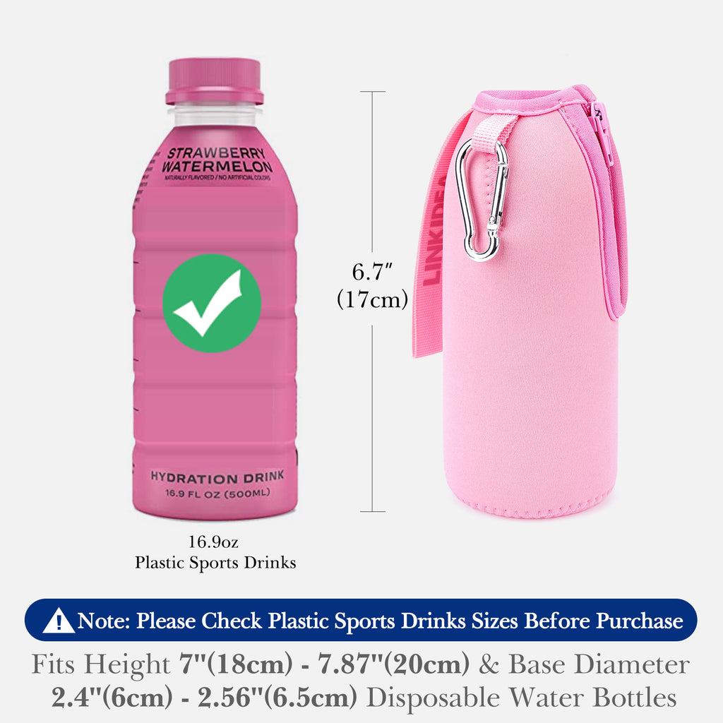 Linkidea Disposable Water Bottle Sleeve Compatible with 16.9Fl Oz PRIME Hydration, BODYARMOR, Gatorade Fit, Insulated Neoprene Plastic Sports Drink Cover with Lockable Zipper, Pink