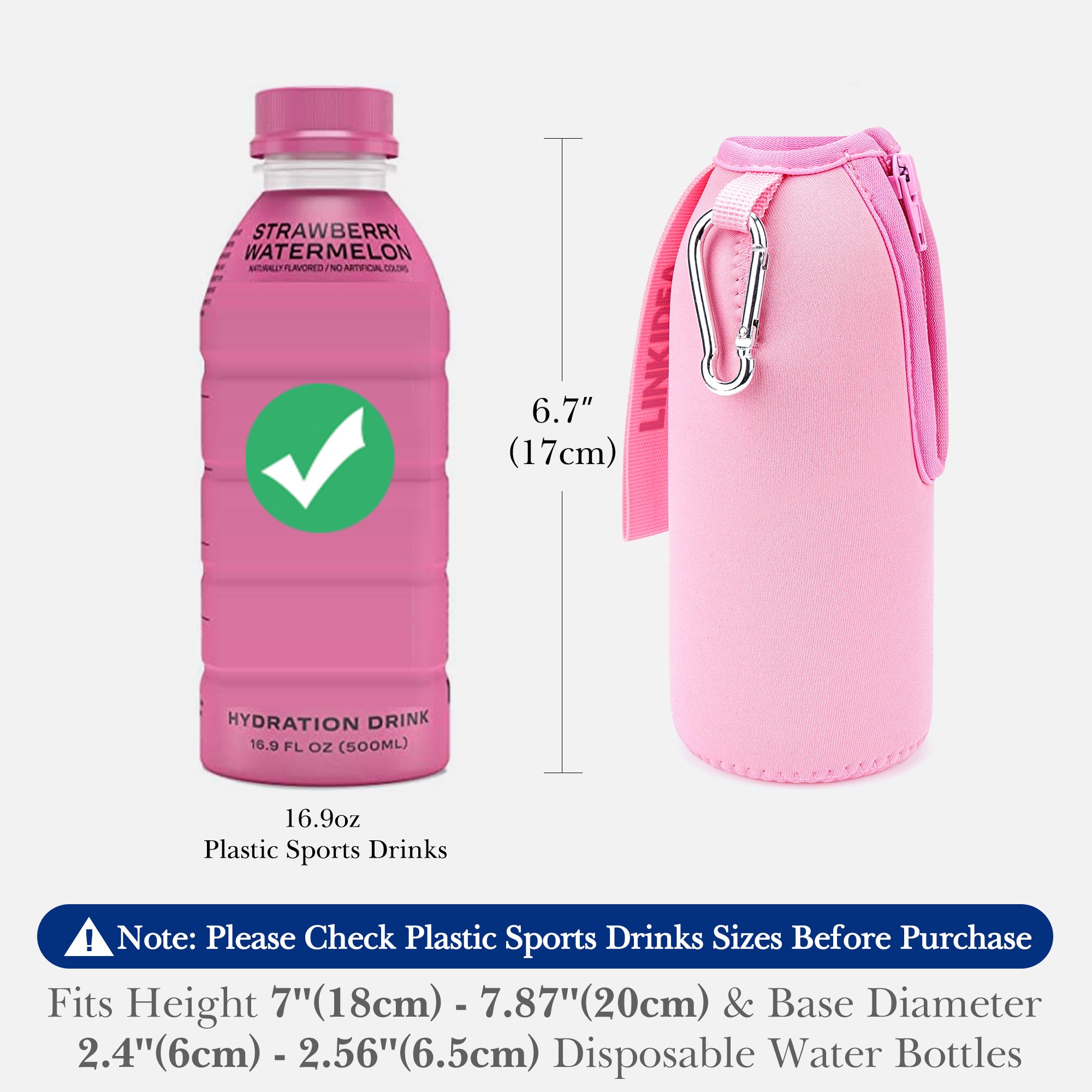 Linkidea Disposable Water Bottle Sleeve Compatible with 16.9Fl Oz PRIME Hydration, BODYARMOR, Gatorade Fit, Insulated Neoprene Plastic Sports Drink Cover with Lockable Zipper, Pink