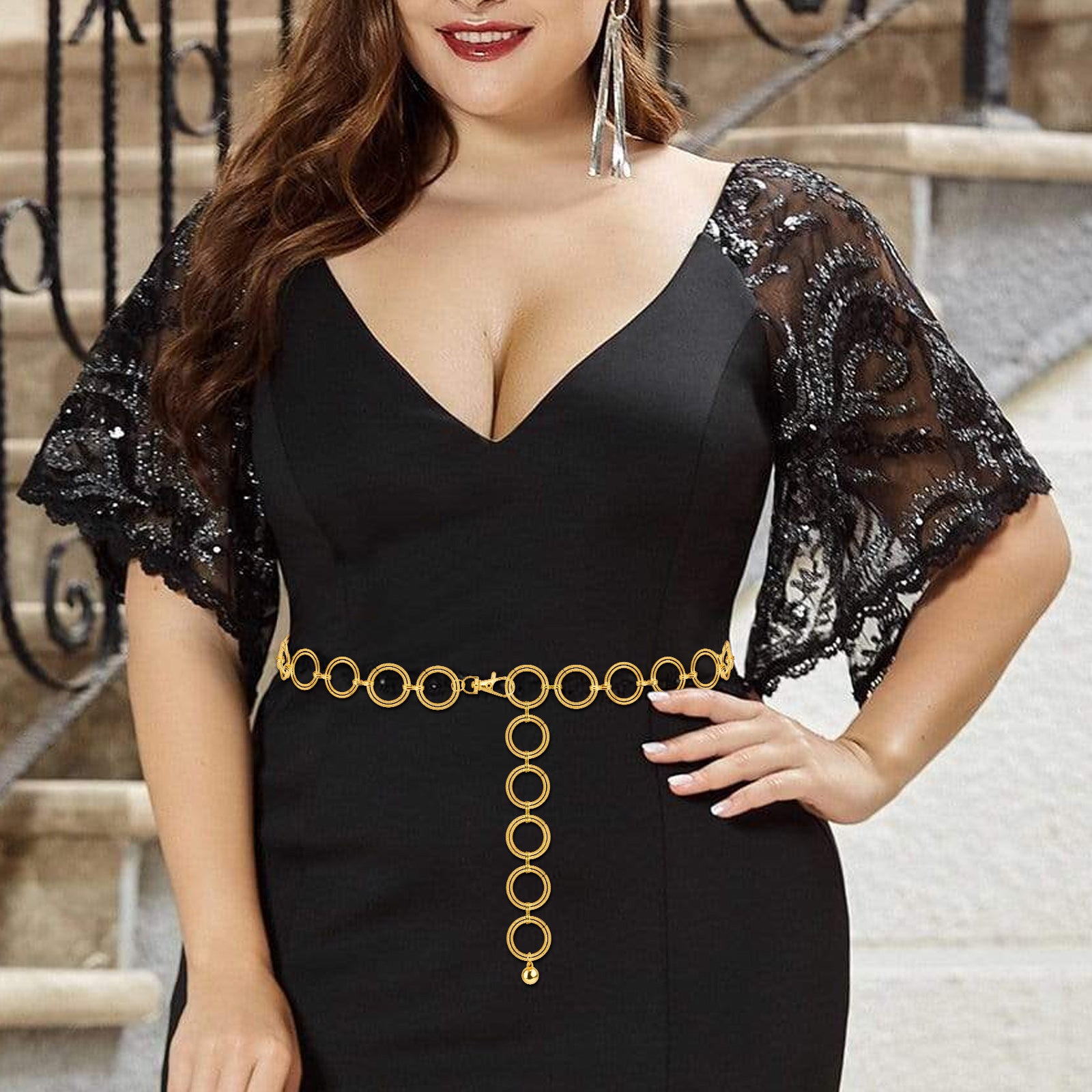 Plus Size Chain Belt for Women, Metal Chain Belt Women Belly Waist Chains, Extra Long Body Chain, 51 Inch Adjustable Chunky Belt Chain (Threaded Ring, Gold)