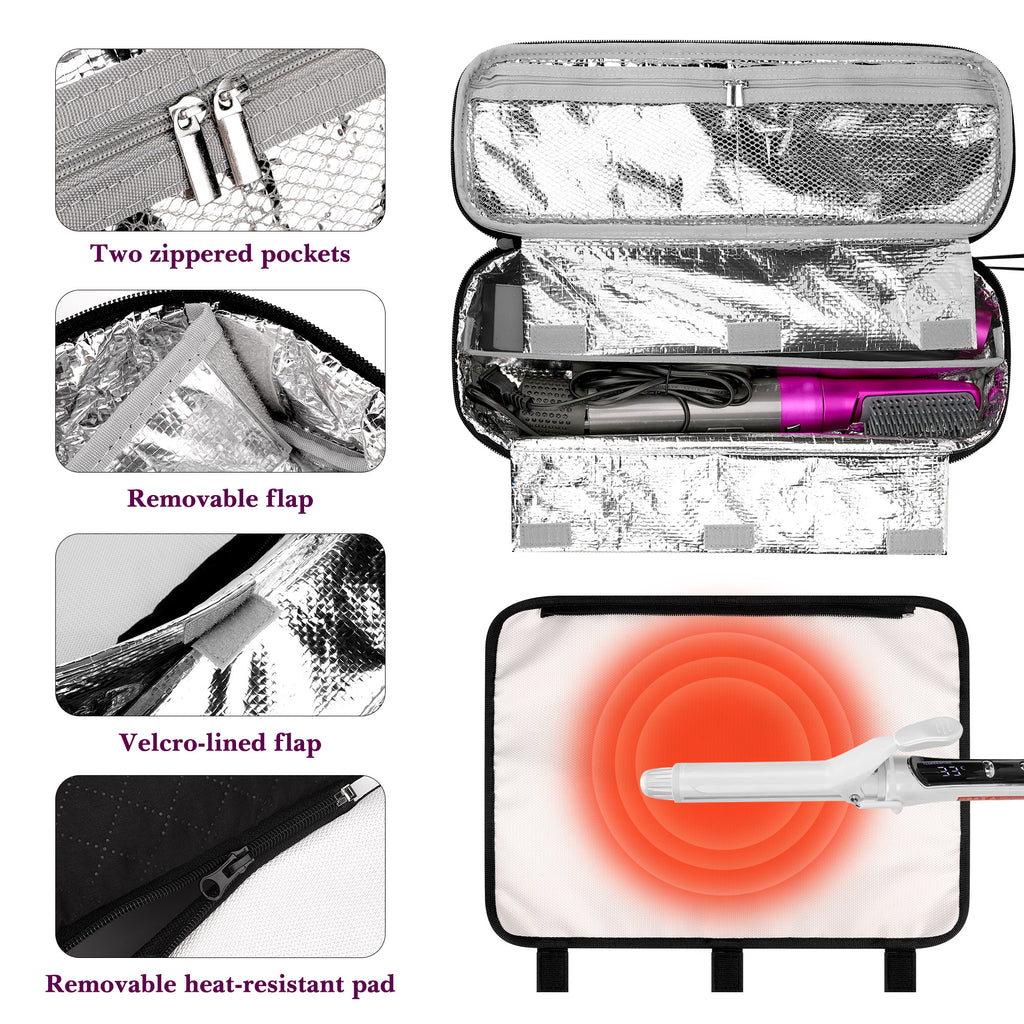 Linkidea Curling Iron Travel Bag, Hair Tools Organizer with 2 Compartments and Removable Pad, Compact Carrying Case for Storage and Travel, Black